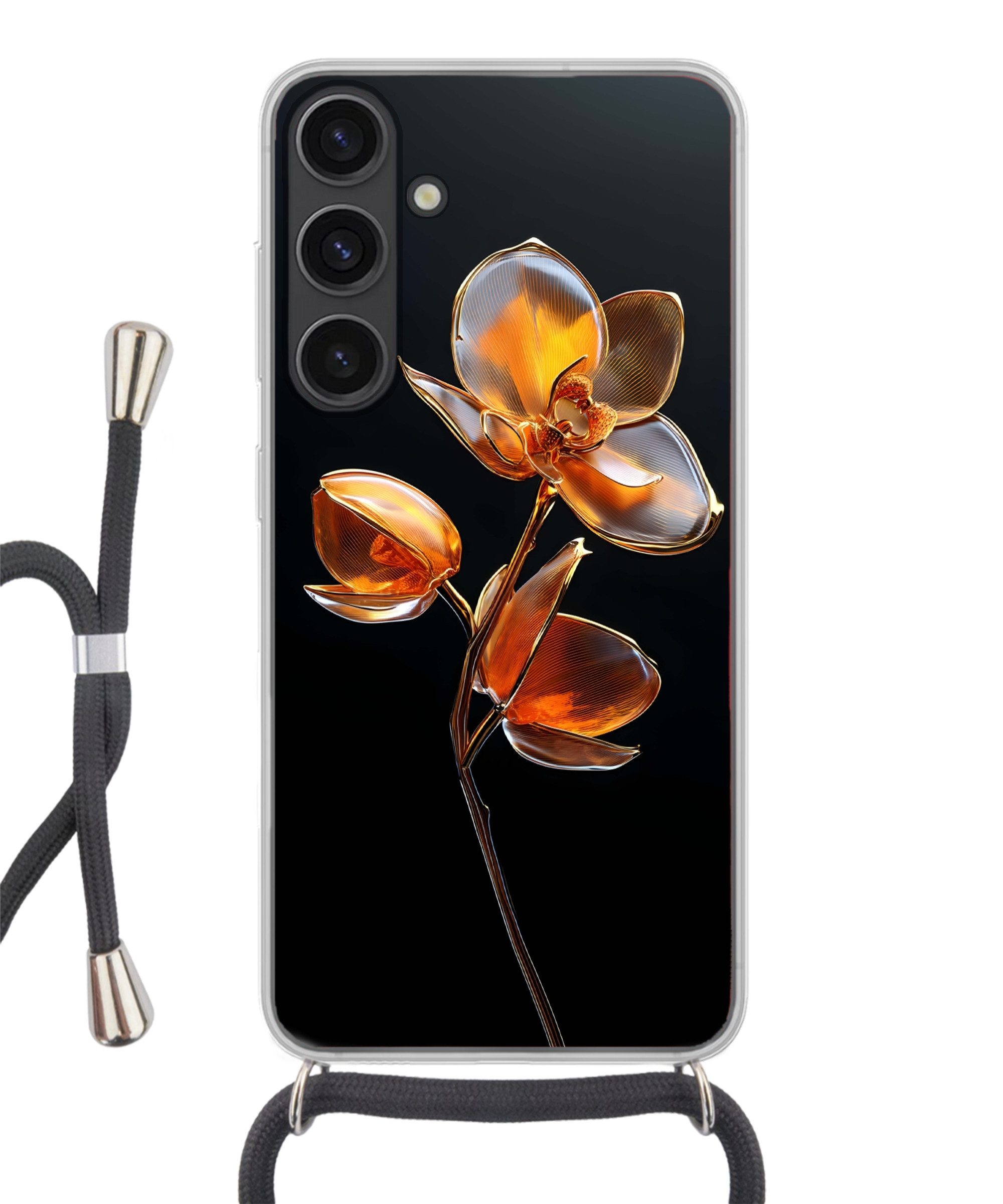 MuchoWow Handyhülle für Samsung Galaxy S24 Plus Blume - Orchidee - Orange, Tragbare Handyhüllen mit Kette zum umhängen, Handykette Handyband