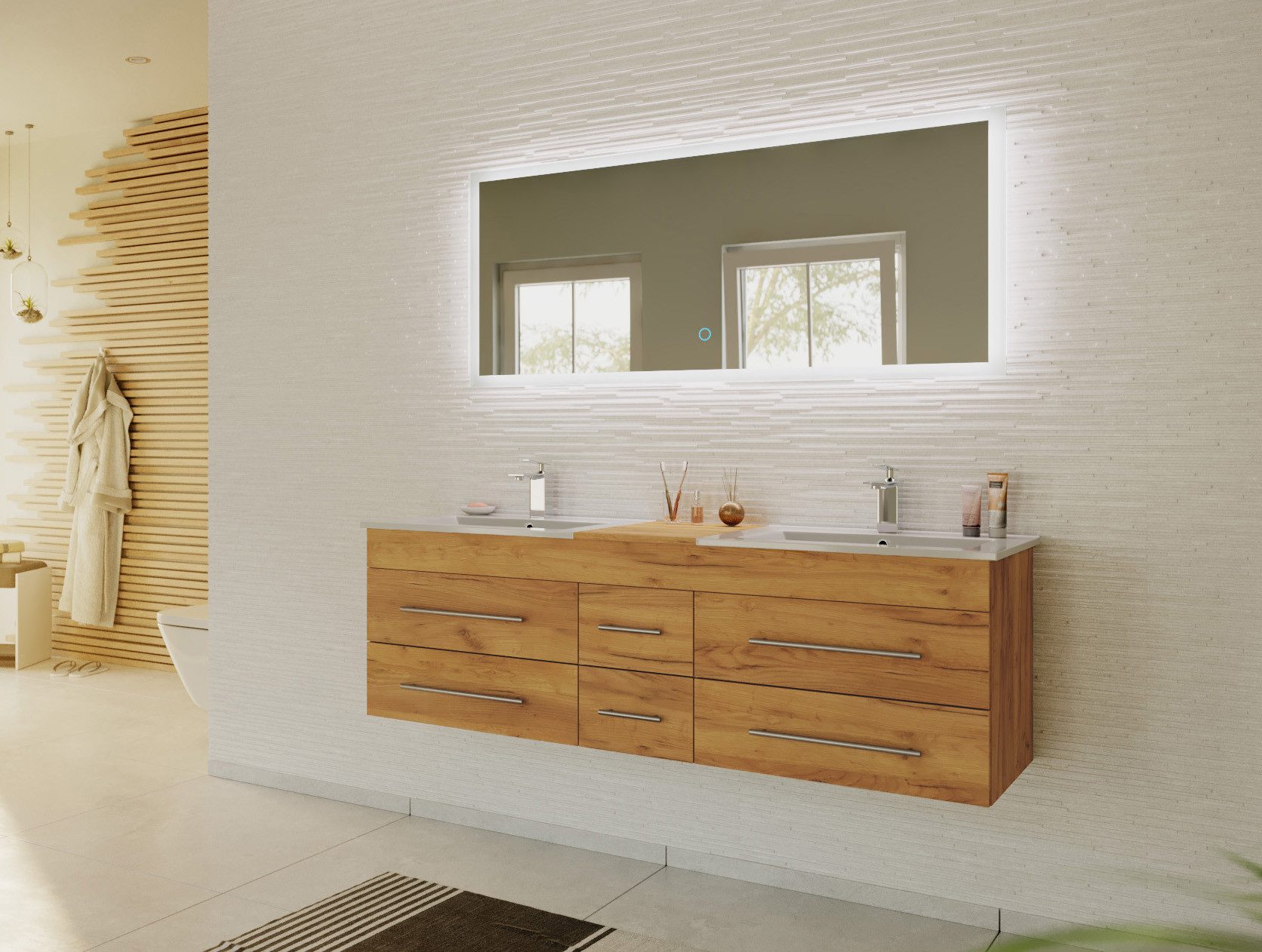 Magnolia Home Waschtisch Badmöbelset Roma XL 2-teilig mit LED Spiegel eiche gold