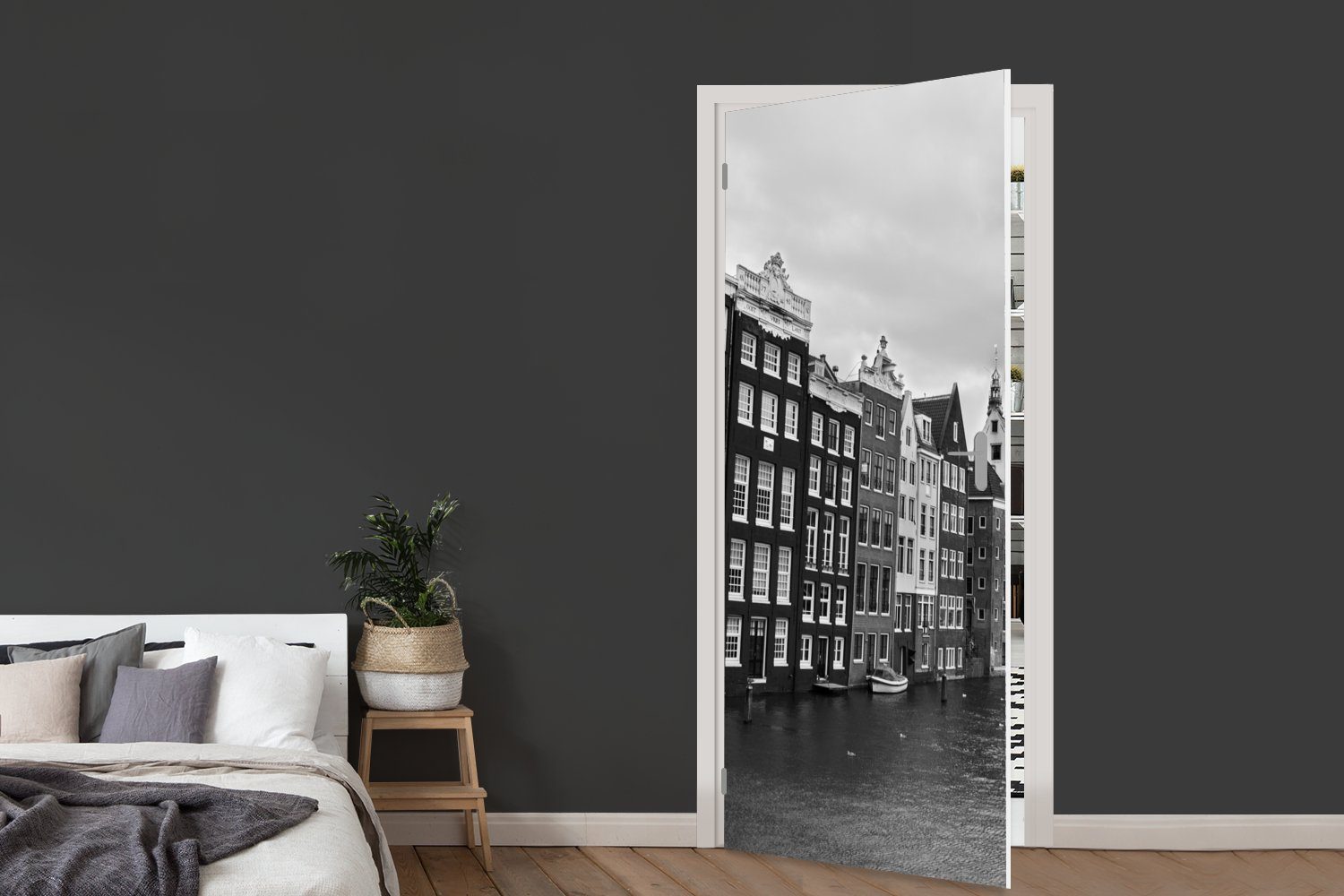 MuchoWow Türtapete Amsterdam Grachten Schwarz-Weiß-Fotodruck, Türaufkleber, für bedruckt, 75x205 St), Matt, Fototapete Tür, cm (1