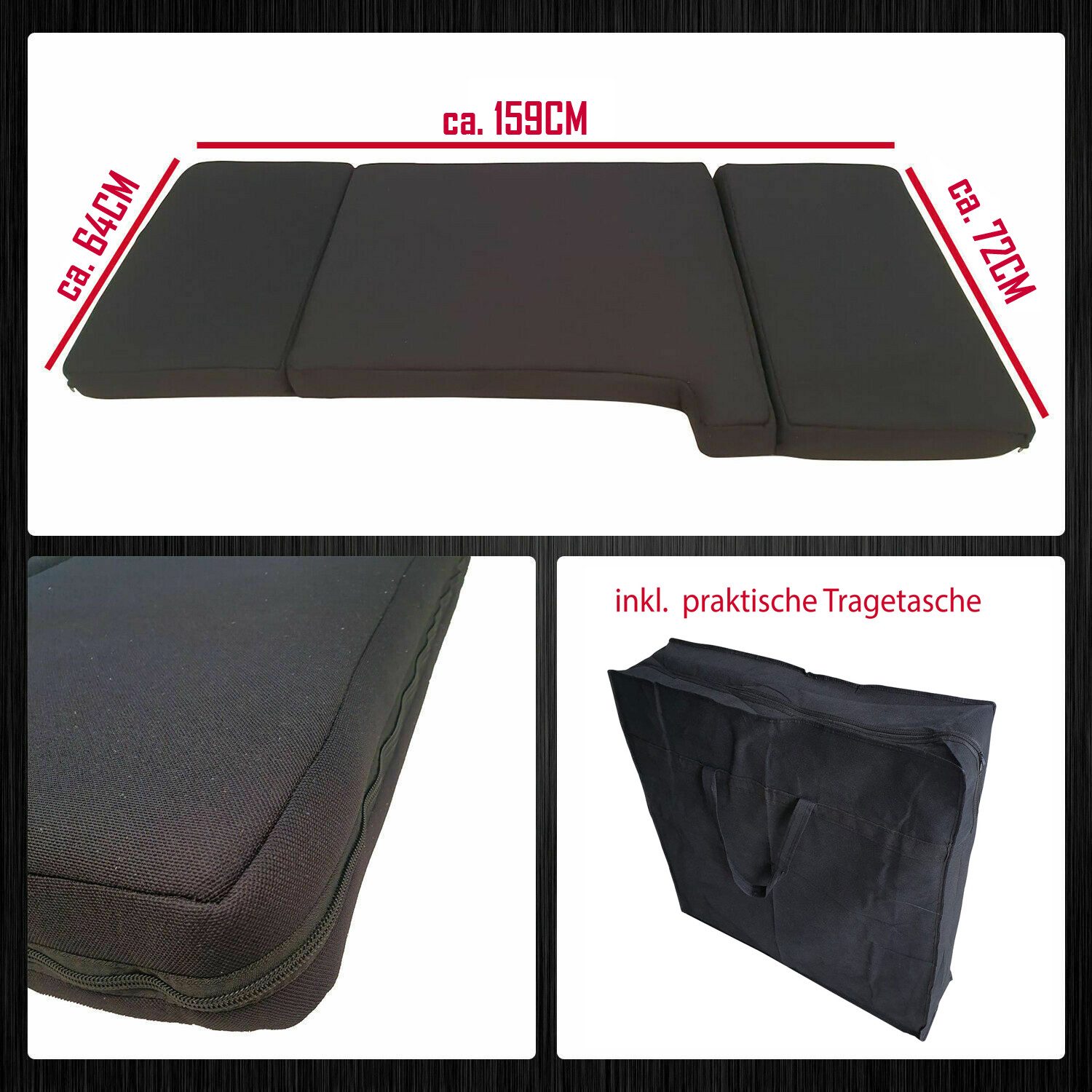 Klappmatratze für Citroen Jumper, Ducato, Boxer Typ 250 Bj ab 2006 (D), BREMER SITZBEZÜGE, (Set, 3-teilige klappbare Schlafauflage), in Schwarz