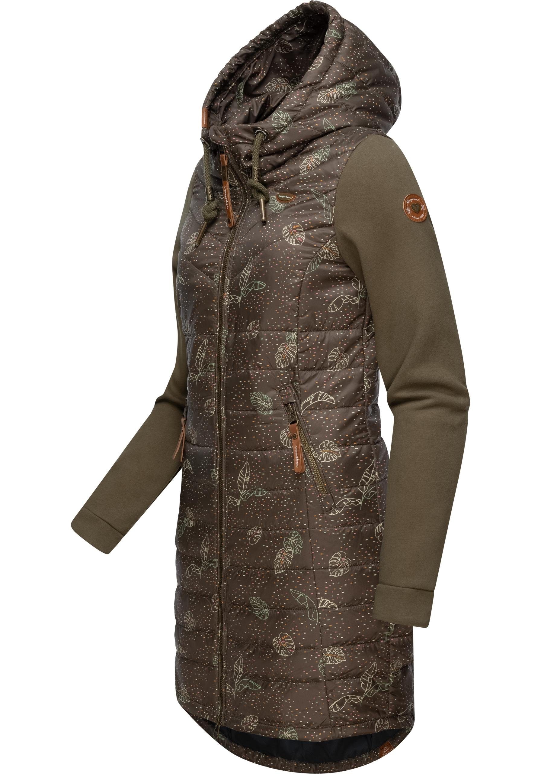 Print mit Materialmix olivgrün Long aus modernem Kapuze Outdoorjacke Ragwear Steppjacke Lucinda