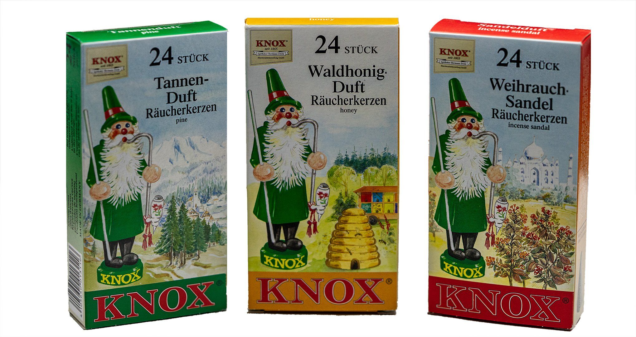 KNOX Duftkerze 3er Set: Tanne / Sandel / Waldhonig, Räucherkerzen Standardgröße M - je 24 Stück - Made in Germany