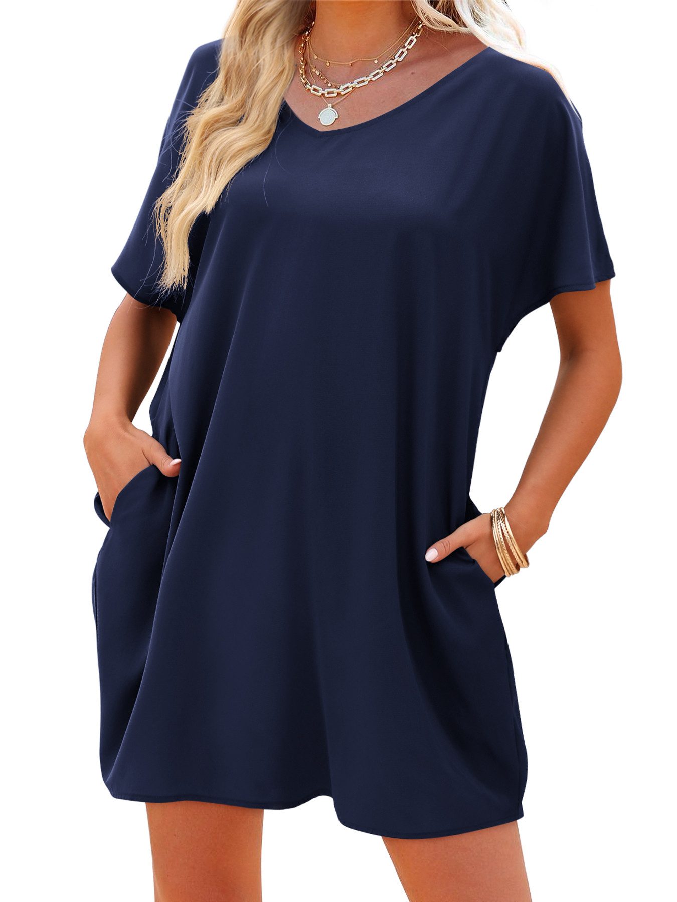 Beluring Tunikakleid Locker geschnittenes Sommerkleid für Damen mit V-Aussc günstig online kaufen