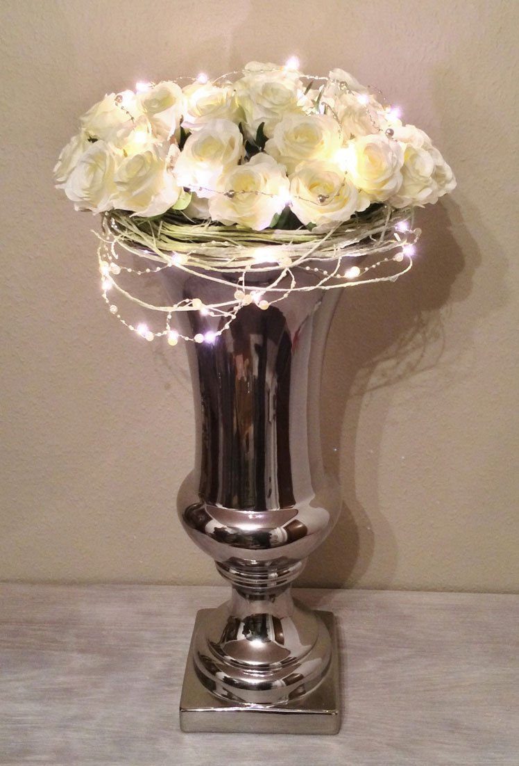 DRULINE Tischvase 60 cm TRUMPET Keramik Vase Silber Dekovase Eckiger Fuß Shabby Chic (einer Set)
