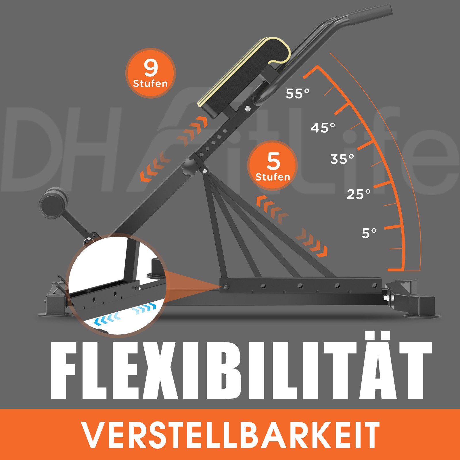DH FitLife Rückentrainer 5in1 für zuhause, Bauchmuskeltrainer & Rückentrainer, (Klappbarer Verstellbarer Roman Chair bis 150KG, Hyperextension Bank), Multifunktionale Curlbank u. Hantelbank