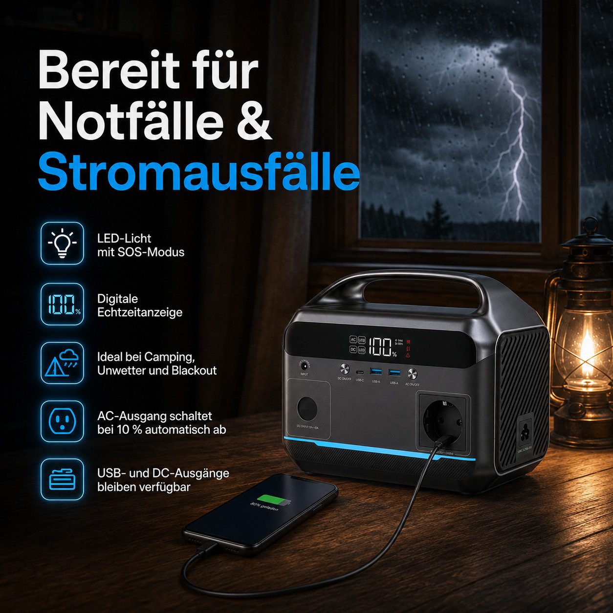 Goldstern-Tech Powerstation 288Wh Powerstation, 600W Ausgangsleistung, USB-C & Solarladung (12V - 28V V), Tragbare Powerstation 288Wh Akku, USB-C, Solarladung,  – Bild 5 von 5