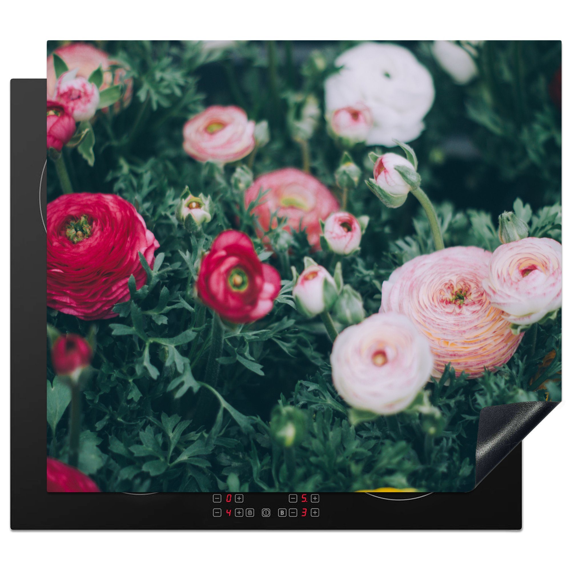 MuchoWow Herdblende-/Abdeckplatte Blumen - Blätter - Rosa, Vinyl, (1 tlg), 60x52 cm, Mobile Arbeitsfläche nutzbar, Ceranfeldabdeckung
