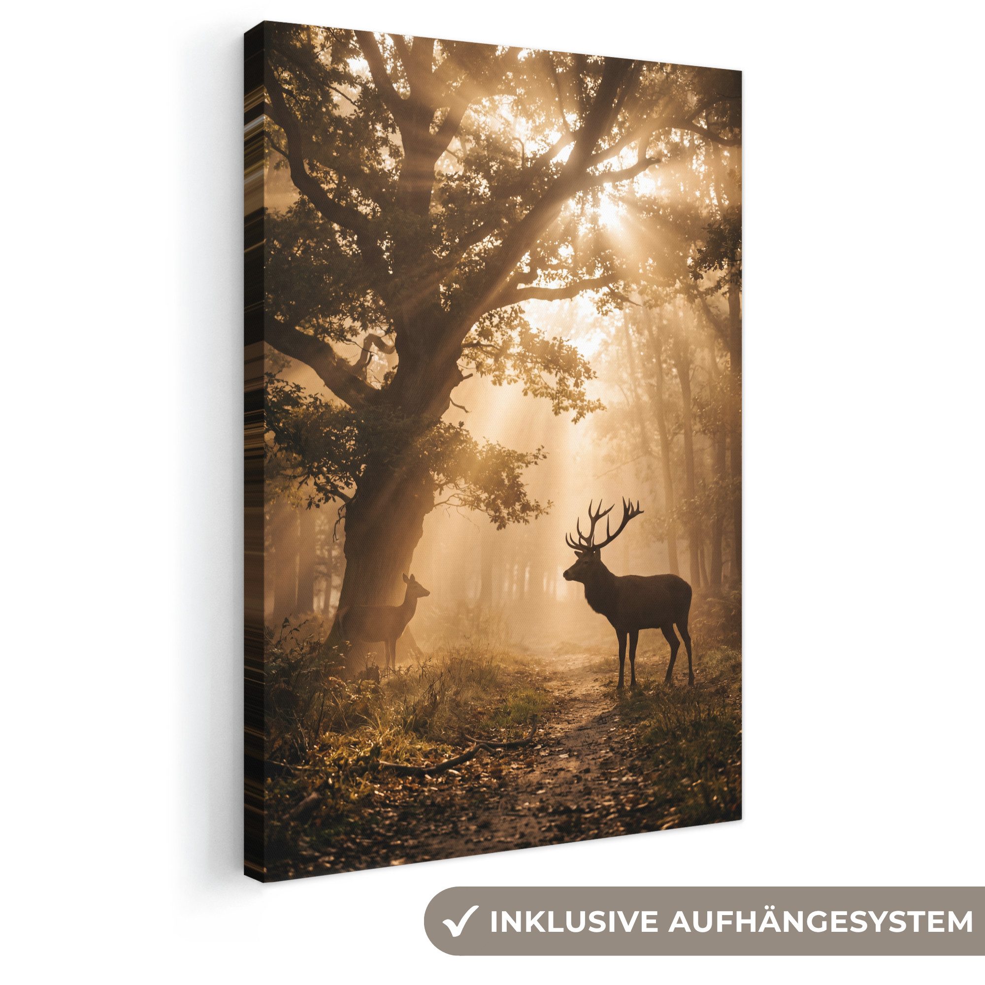 OneMillionCanvasses® Leinwandbild Hirsch - Wald - Neblig - Natur - Gold, Fotodruck (1 St), Leinwand Canvas Wandbild, Wanddekoration 20x30 cm
