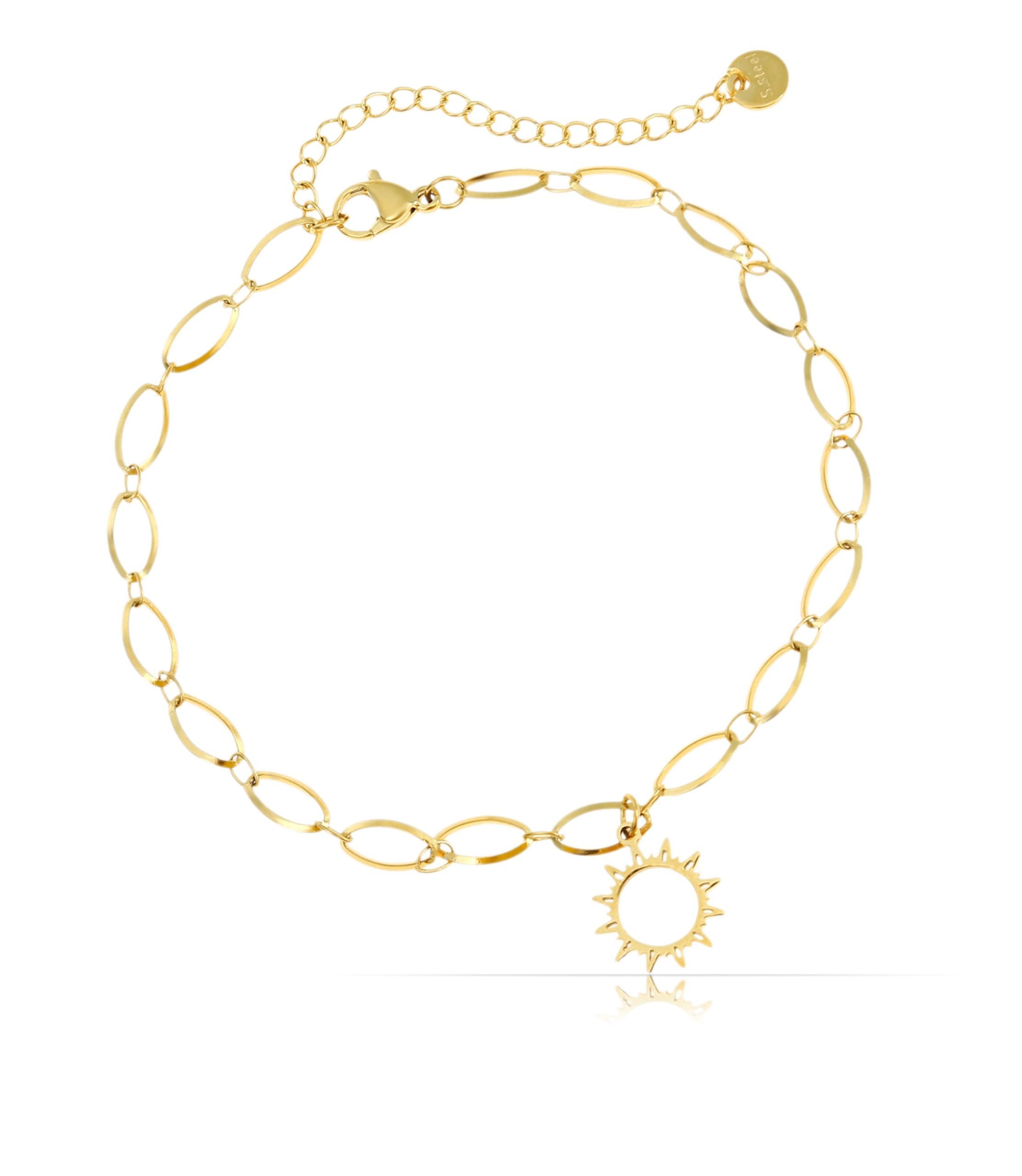 Made by Nami Fußkette mit Anhänger Sonne für Damen Gold 22 cm + 5 cm Länge, Sommer Schmuck Wasserfest Geschenk für Sie