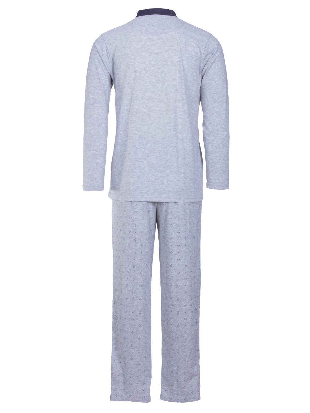 Henry Terre Pyjama Bruno Langarm- Stehkragen Shirt Uni gemusterte Hose Brusttasche – Bild 4 von 5