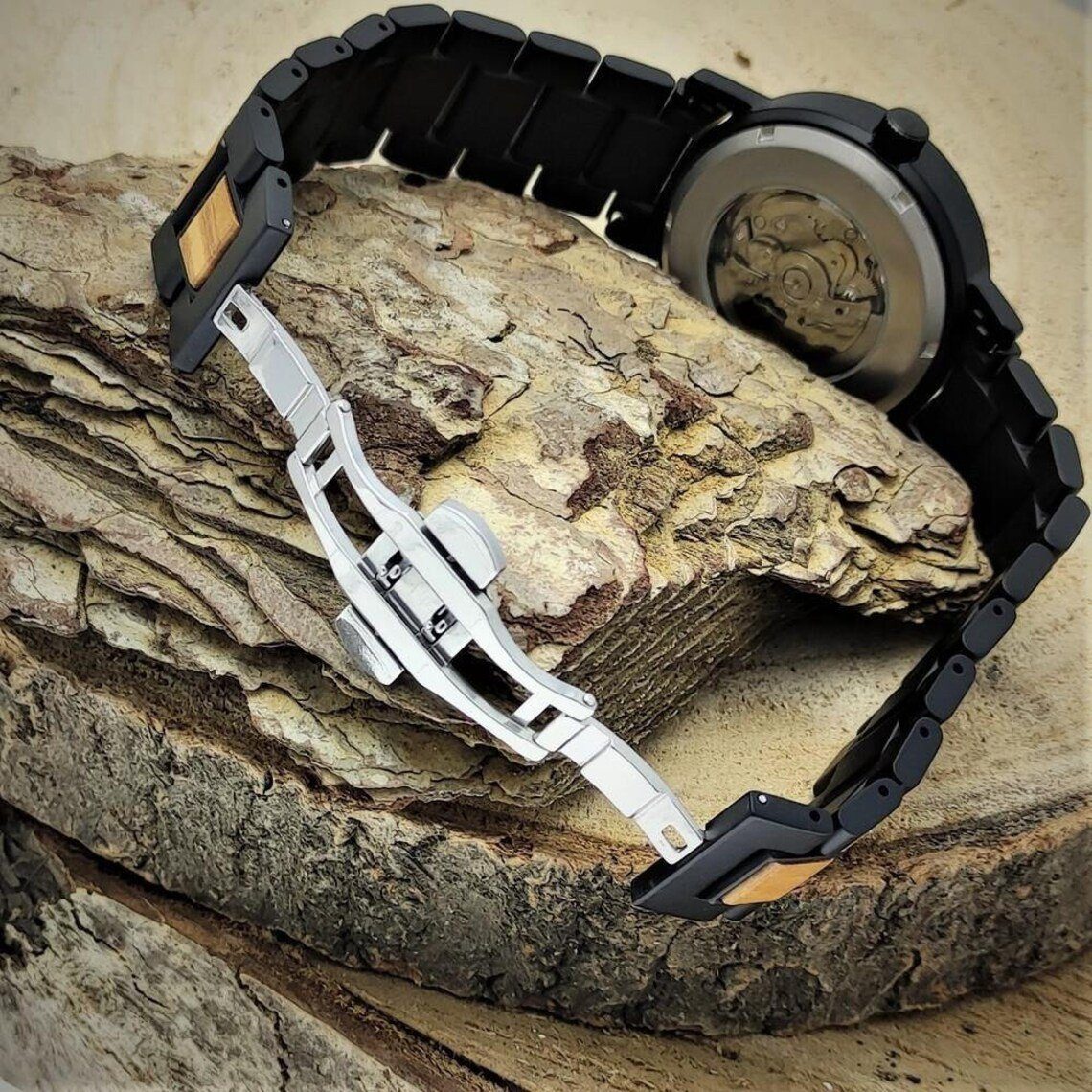 Edelstahl in Herren Holzwerk & Uhr weiß Armband DORNBURG beige, Holz Automatikuhr schwarz,
