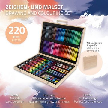 ECD Germany Malstift Malkoffer Künstler Set Zeichenset Pinselset, 220-Teilig Holzkoffer Filzstiften Wachsmalstiften Buntstiften