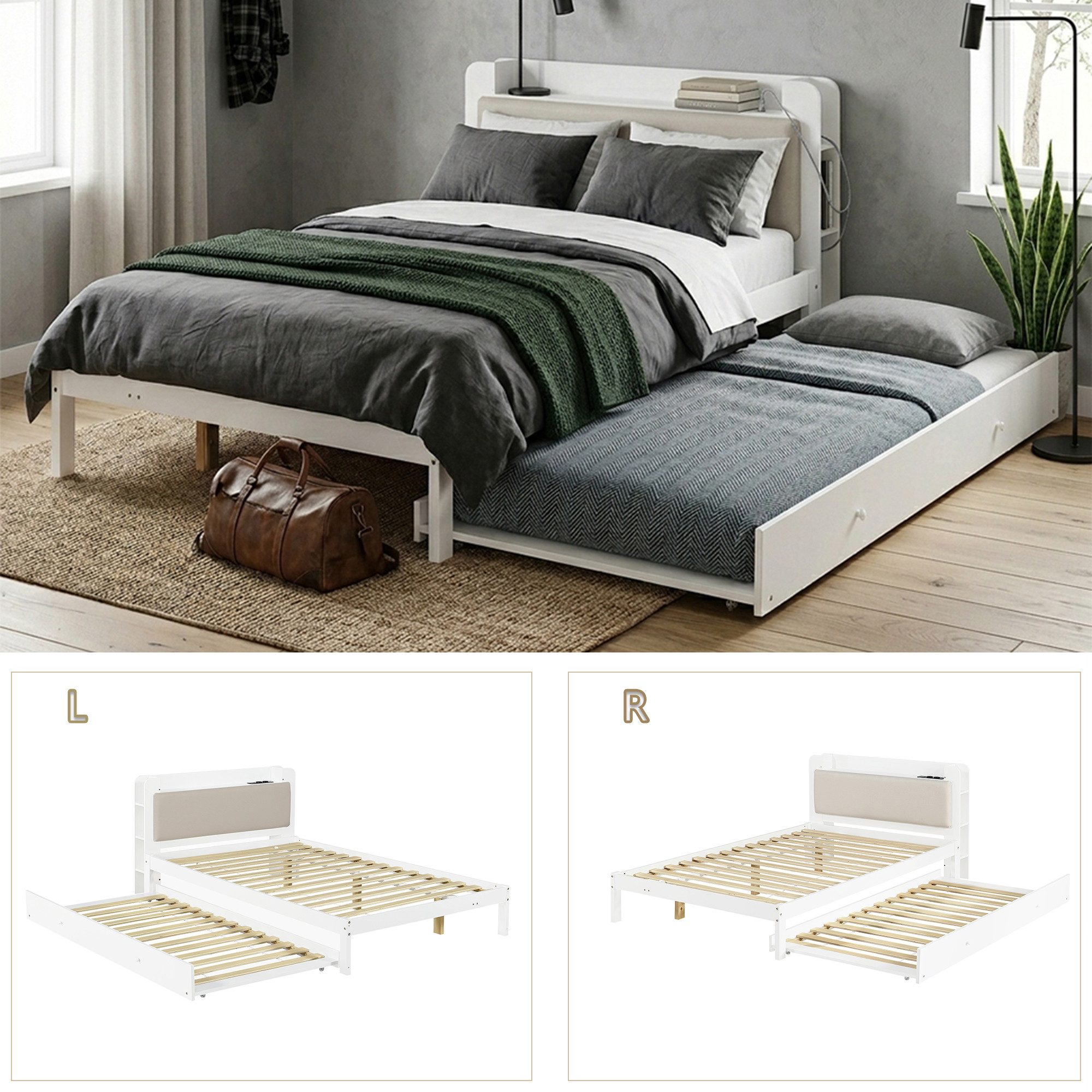 Flieks Massivholzbett, Kinderbett 120x200cm mit Ausziehbett 90x190cm, Aufladen, Kopfteilregal – Bild 5 von 5