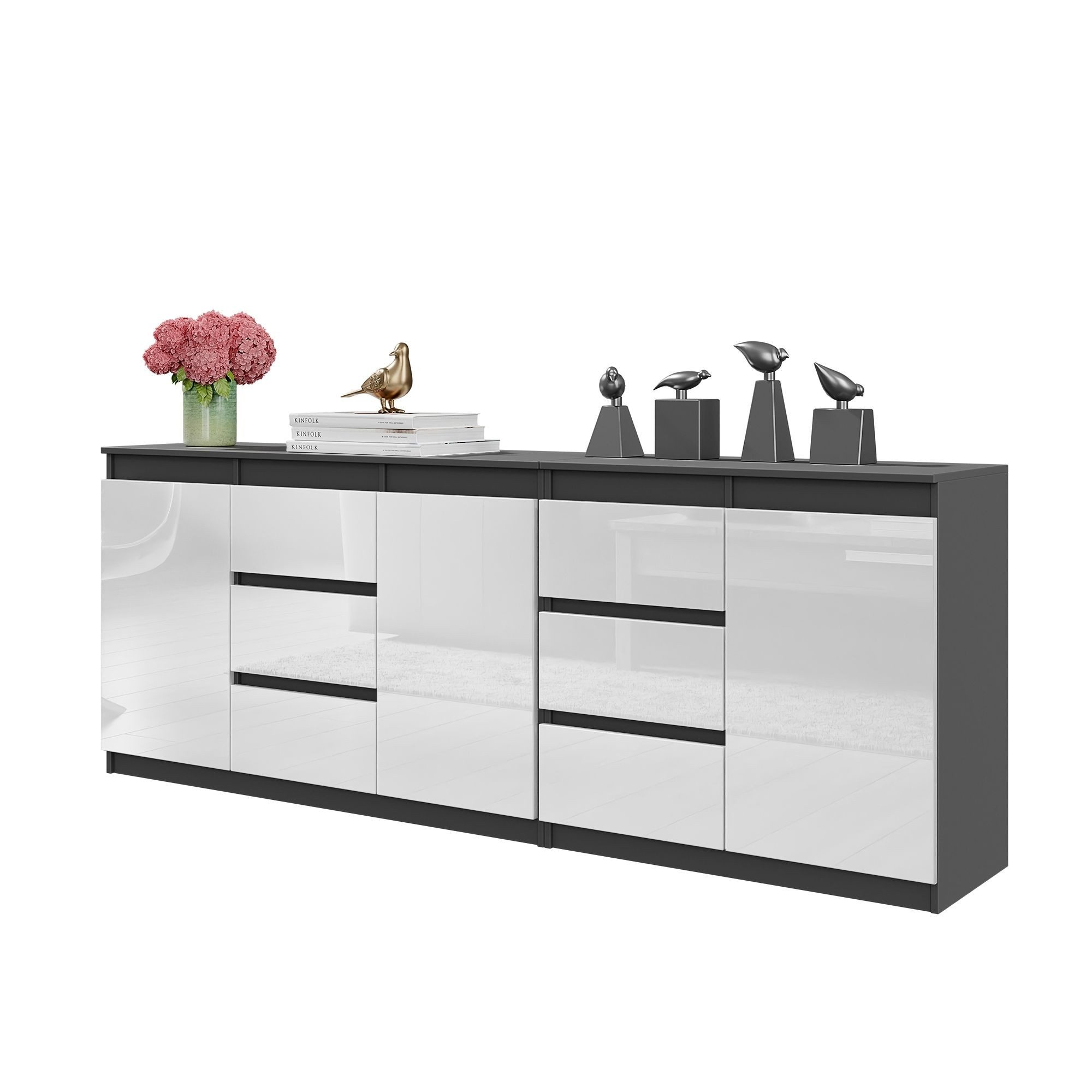 Kommode MIKEL, 6 Schubladen und 3 Türen - Anthrazit Grau H75cm B200cm T35cm