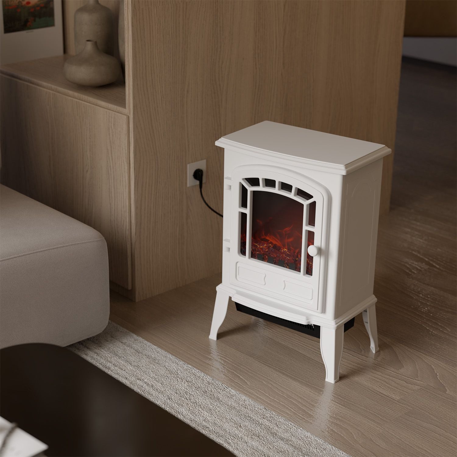 Juskys Elektrokamin in Weiß mit 2000 W, Flammeneffekt & Thermostat, 57 x 39 x 24 cm, Kaminofen mit Sicherheitsabschaltung, Querstromlüfter …