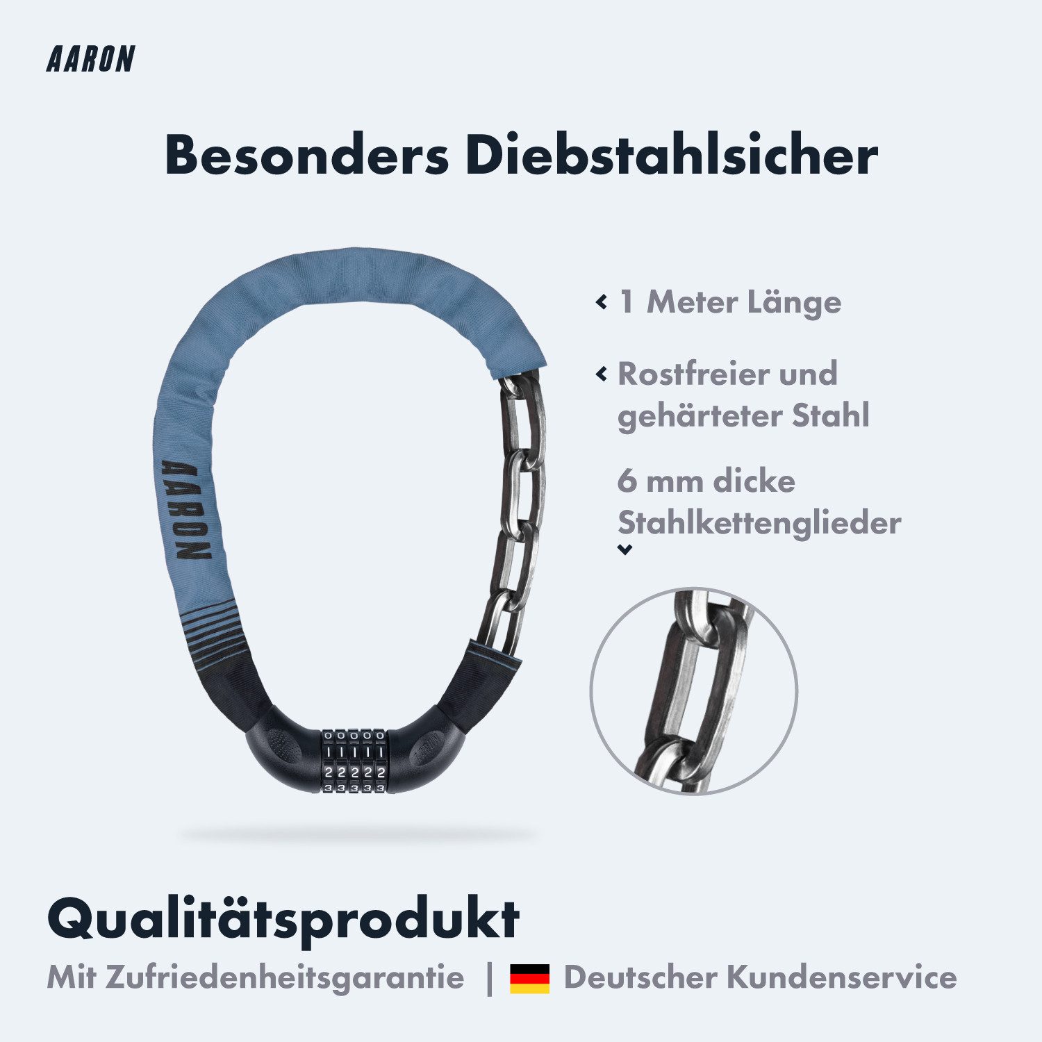 AARON Kettenschloss Lock One Fahrradschloss mit Zahlencode 100 cm Stahl Stadtrad Tour