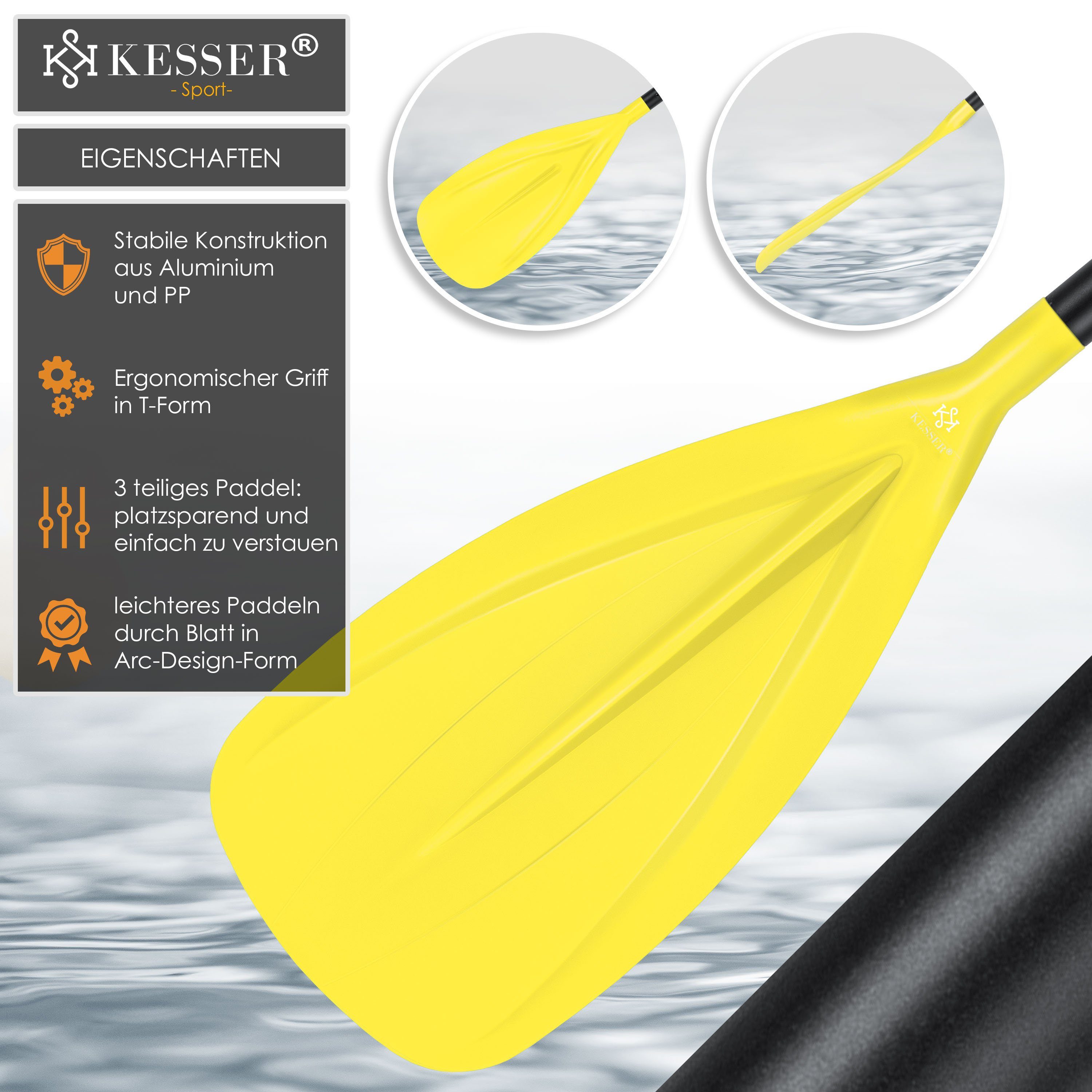 SUP Board gelb SUP-Paddel, Stand-Up Paddling KESSER für Kayak Paddle 3-teilig