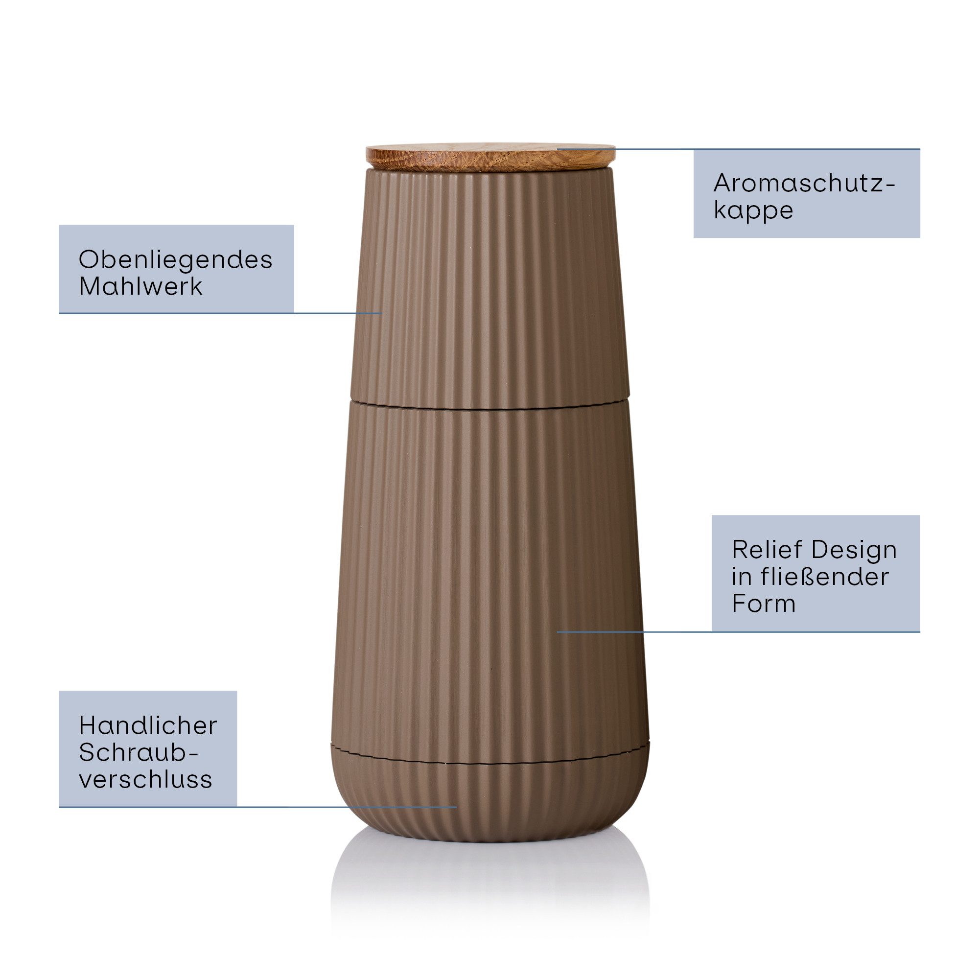 AdHoc Salz-/Pfeffermühle Scape im Zweier-Set manuell, (2 Stück), hochwertiges Keramikmahlwerk, exklusives Relief-Design, 12,3 cm hoch – Bild 5 von 5