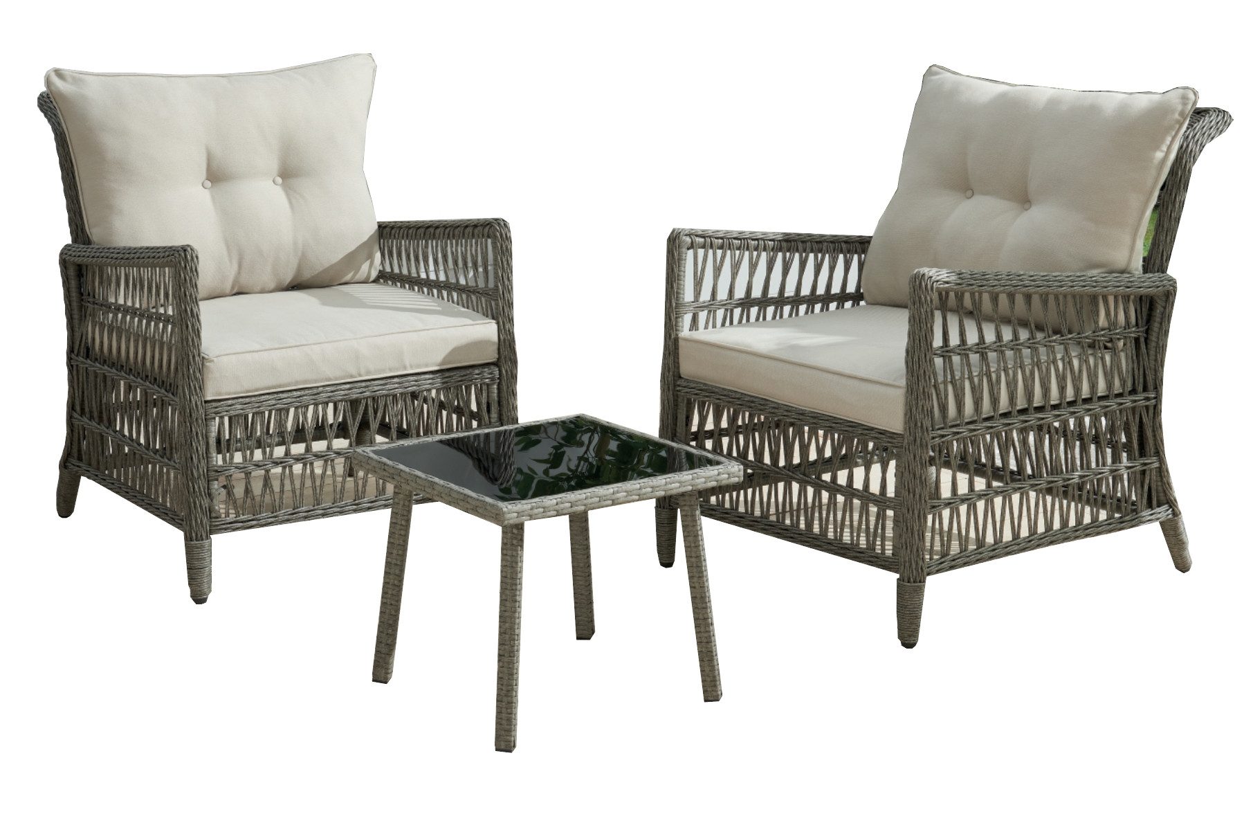 Wohnando Garten-Essgruppe Garten Sitzmöbelset "Vento", modernes Rattan Design, (3-tlg), 3-teilig mit Sitzkissen creme, Gartenmöbel