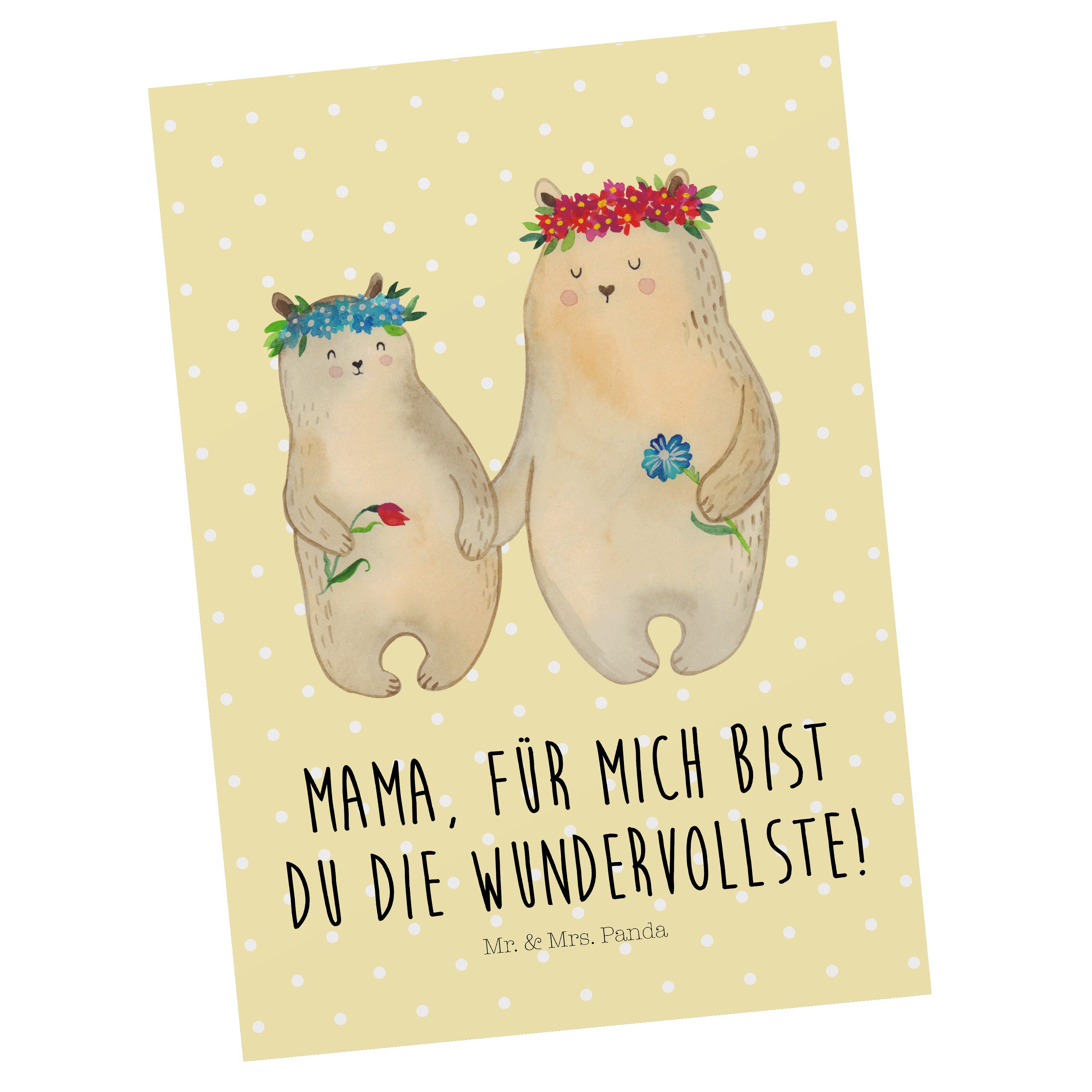 & Kind, - - Mrs. Gelb Blumenkranz Panda Fam mit Mr. Bären Geschenk, Grußkarte, Pastell Postkarte