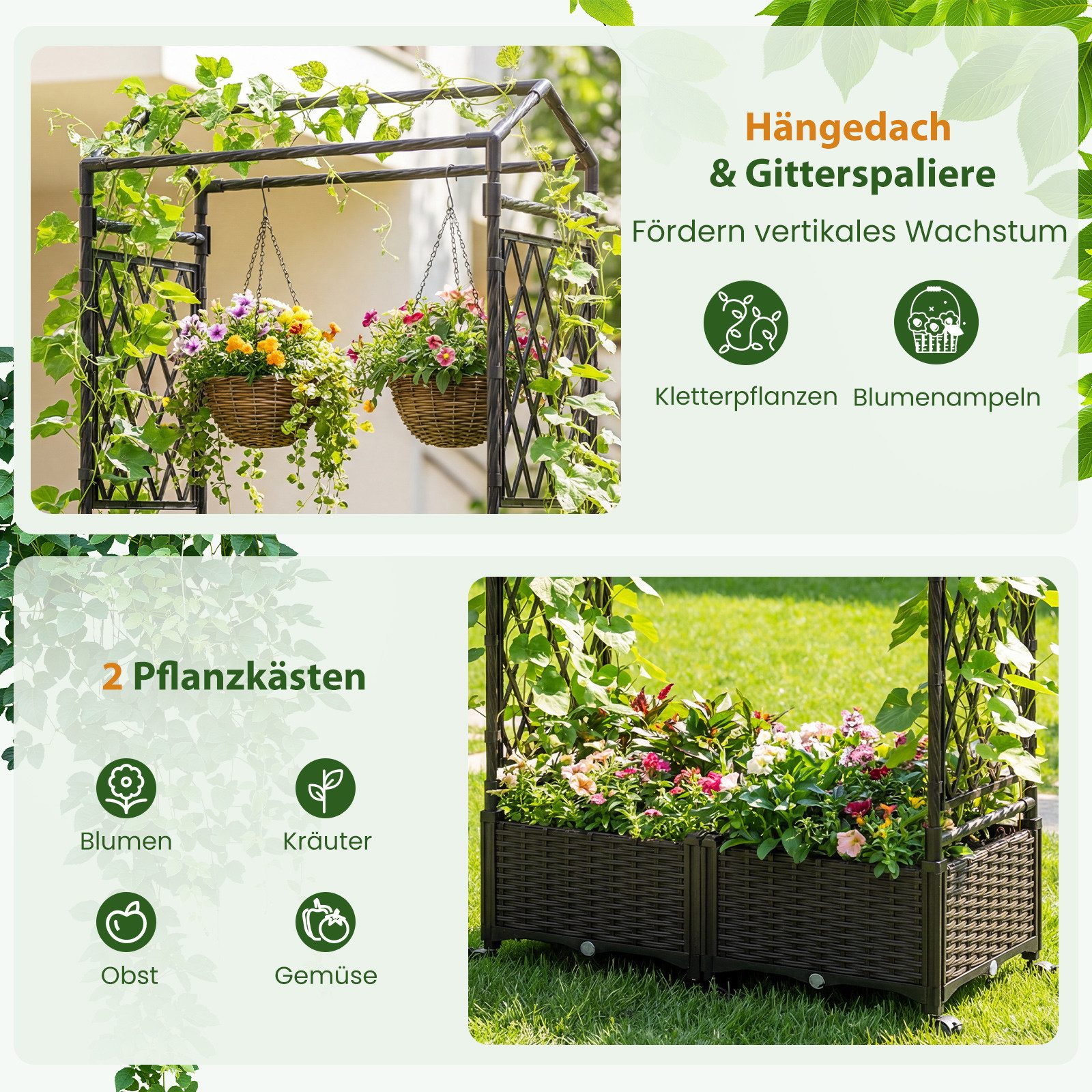 COSTWAY Blumenkasten (1 St), 2in1 Rosenbogen mit 2 Pflanzkästen, Gartenbogen auf Rollen