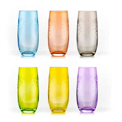 Crystalex Longdrinkglas Floral Claudia Longdrinks 350 ml 6er Set, Kristallglas, Kristallglas, Gravur, Farbig: gelb, grün, blau, grau, rosa, lila