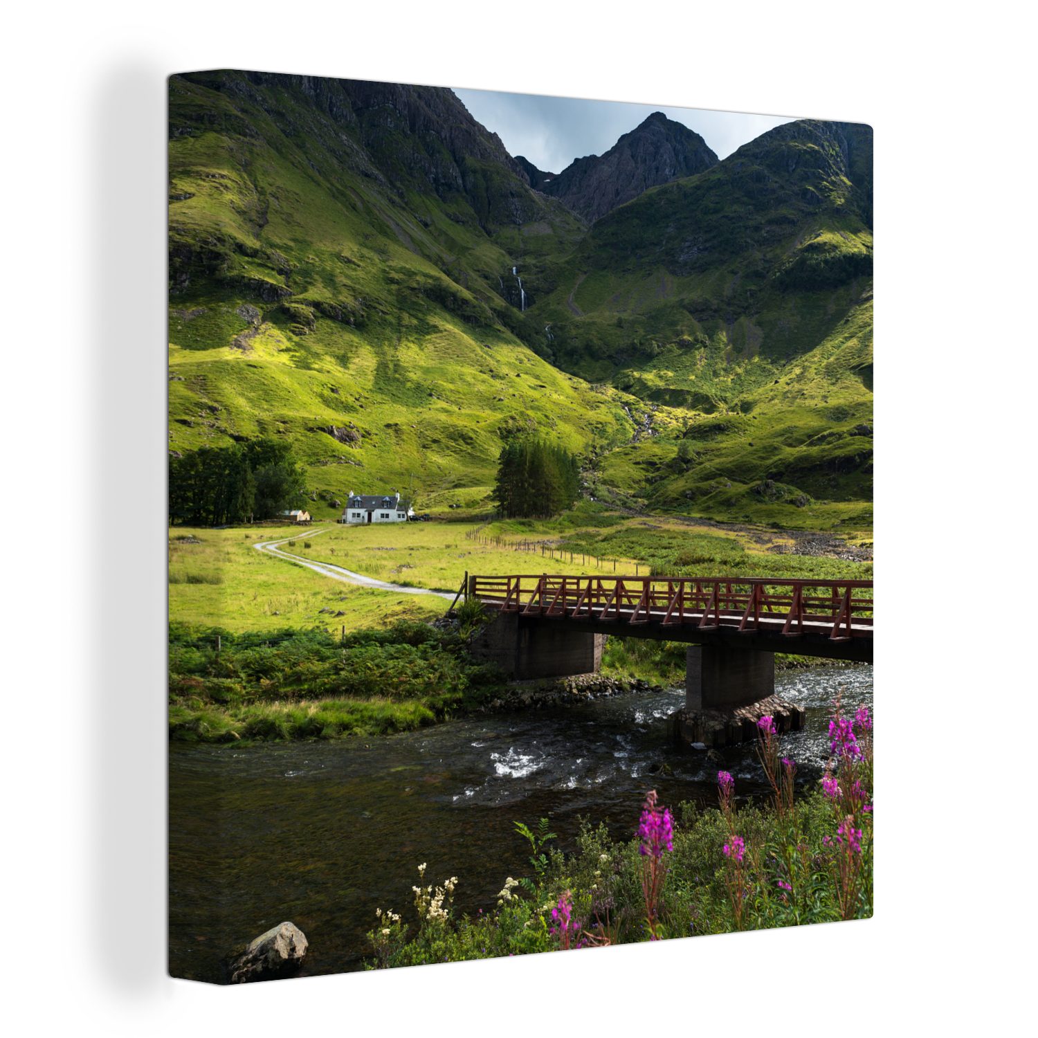 OneMillionCanvasses® Leinwandbild Schöner Fluss und Brücke in Glen Coe in Schottland, (1 St), Leinwand Bilder für Wohnzimmer Schlafzimmer