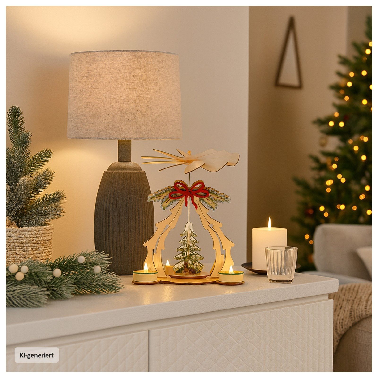 HTI-Living Weihnachtspyramide Weihnachtspyramide mit Tannenbaum und Schleife, Tischpyramide für 4 Teelichter
