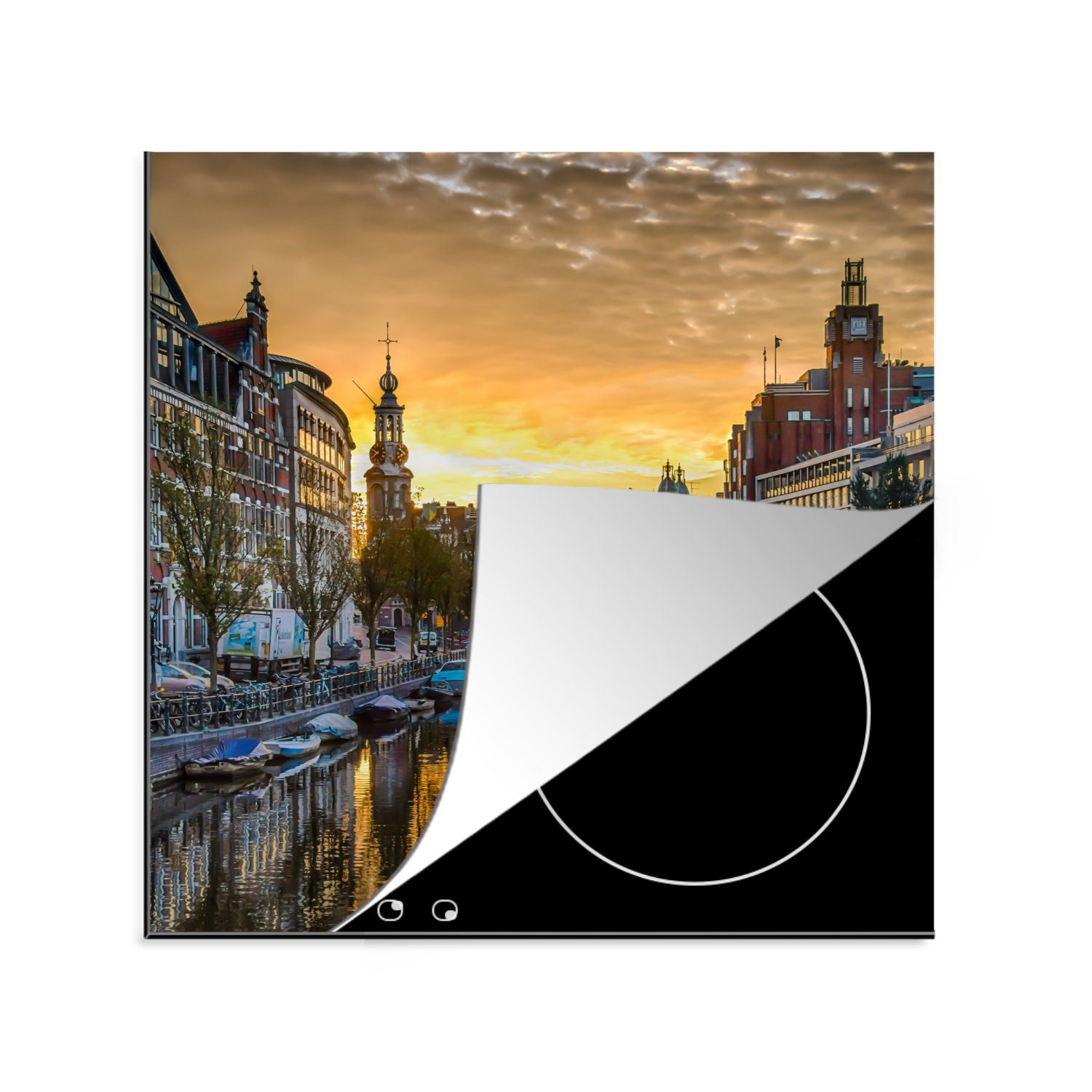 MuchoWow Herdblende-/Abdeckplatte Sonnenuntergang über den Munttoren in Amsterdam, Vinyl, (1 tlg), 78x78 cm, Ceranfeldabdeckung, Arbeitsplatte für küche