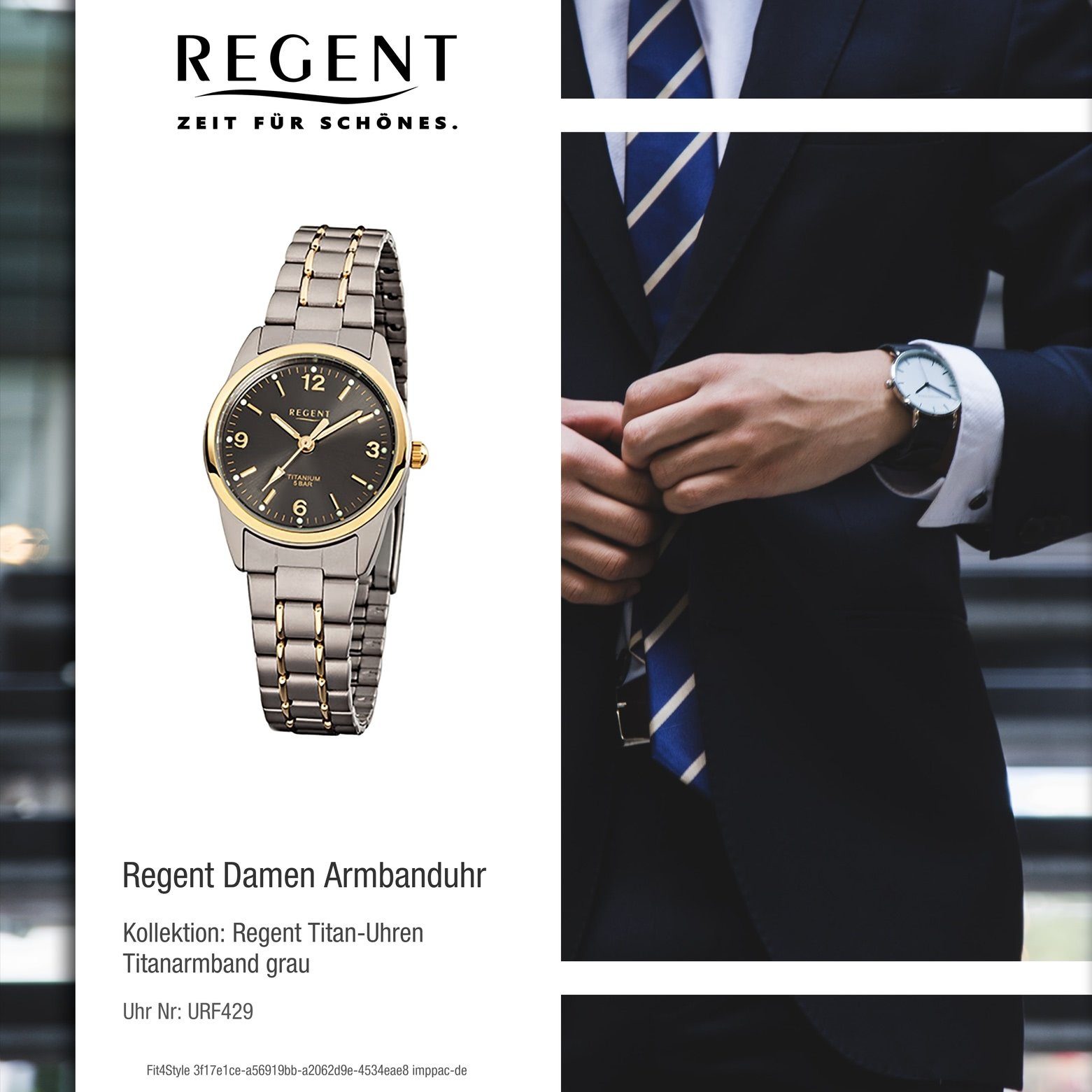 klein silber Regent grau (ca. Armbanduhr rund, Titanarmband Quarzuhr Regent Damen-Armbanduhr 26mm), Damen gold,