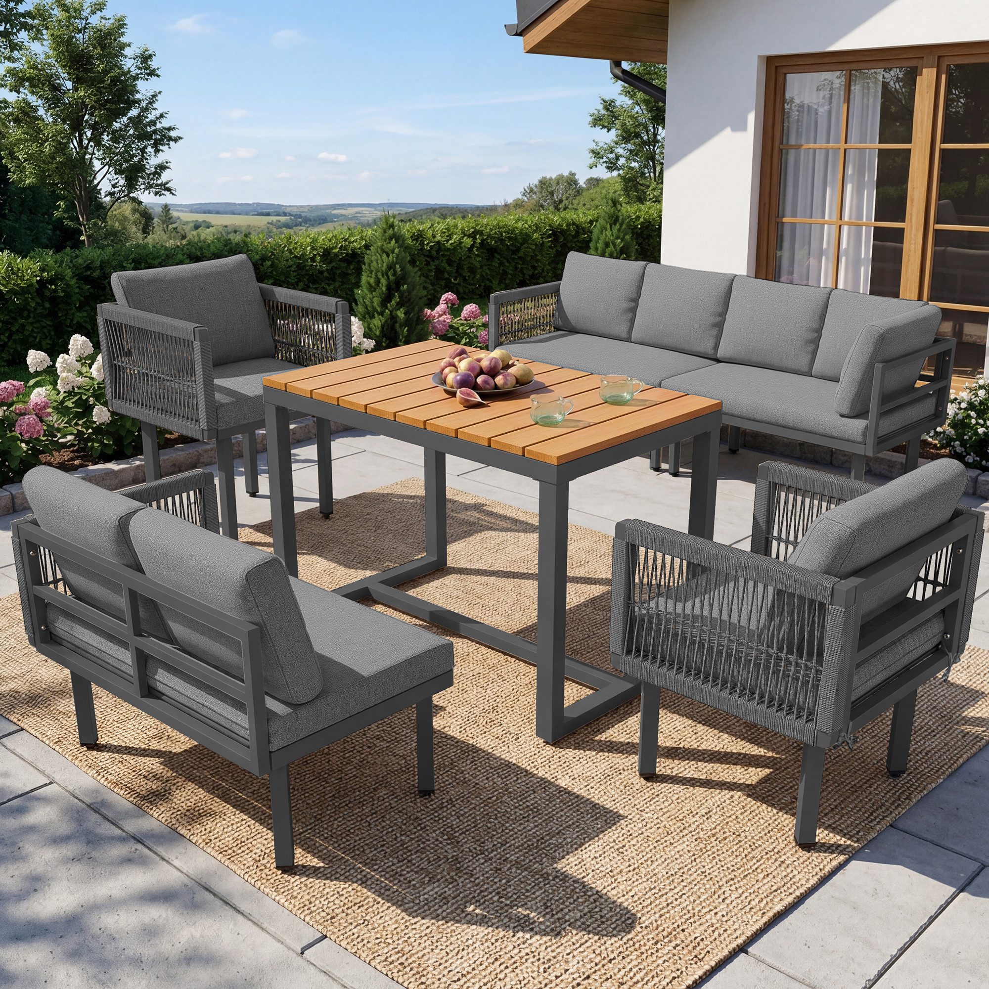 MODFU Gartenlounge-Set Stilvolle Outdoor, (Ecksofa mit 2 Sesseln & Tisch, wetterfestes Stahlgestell, Seilgeflecht-Design, 5-tlg), mit Relaxfunktion