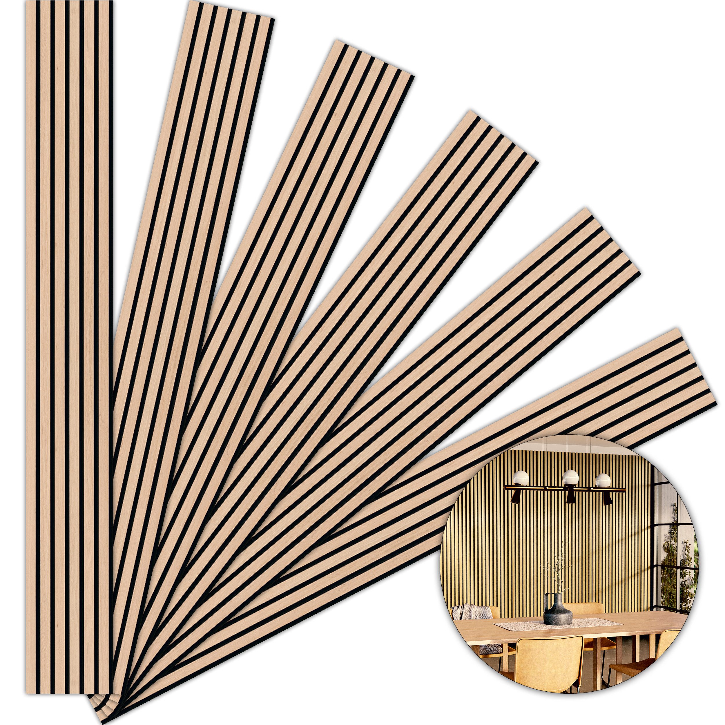 acous 3D Wandpaneel Akustikpaneel Spar-Set Comfort FSC® Eiche Echtholzfurnier, BxL: 30,00x250,00 cm, 0,75 qm, (Spar-Set mit 6 Paneele, 4,5 m) 6 Echtholz-Dekoleisten mit schwarzem 4 mm Filz-Akustikträger