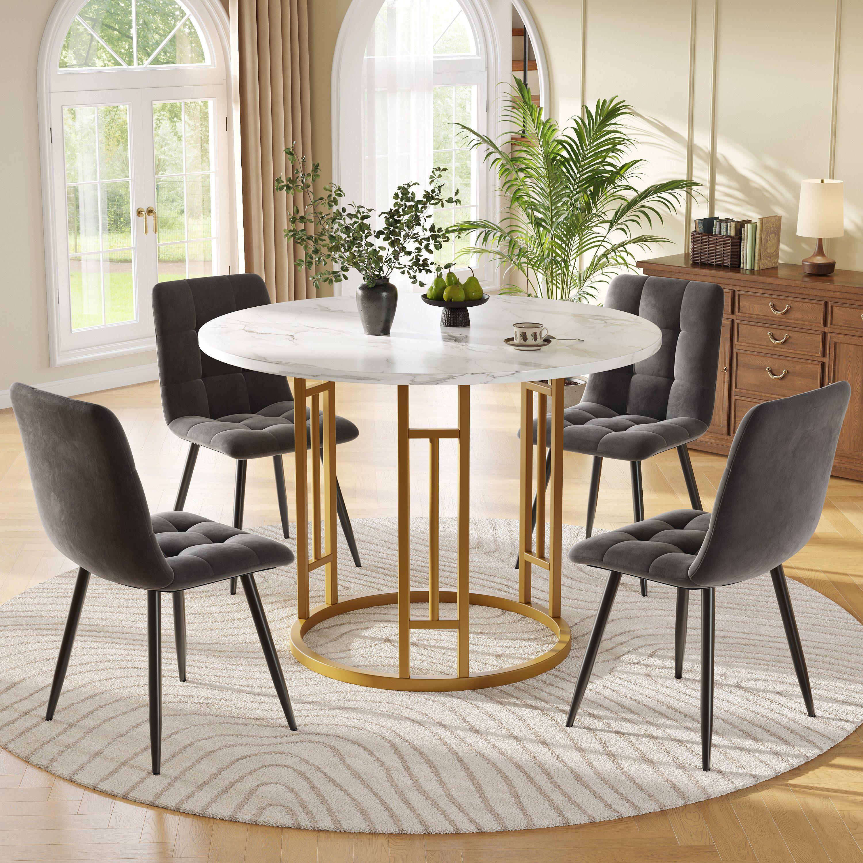 REDOM Essgruppe Moderner 5-teiliges Esstisch-Set, (mit 80 cm rundem MDF-Marmor-Tisch & samtigen Stühlen – verstellbare goldene Metallbeine., 5-tlg)