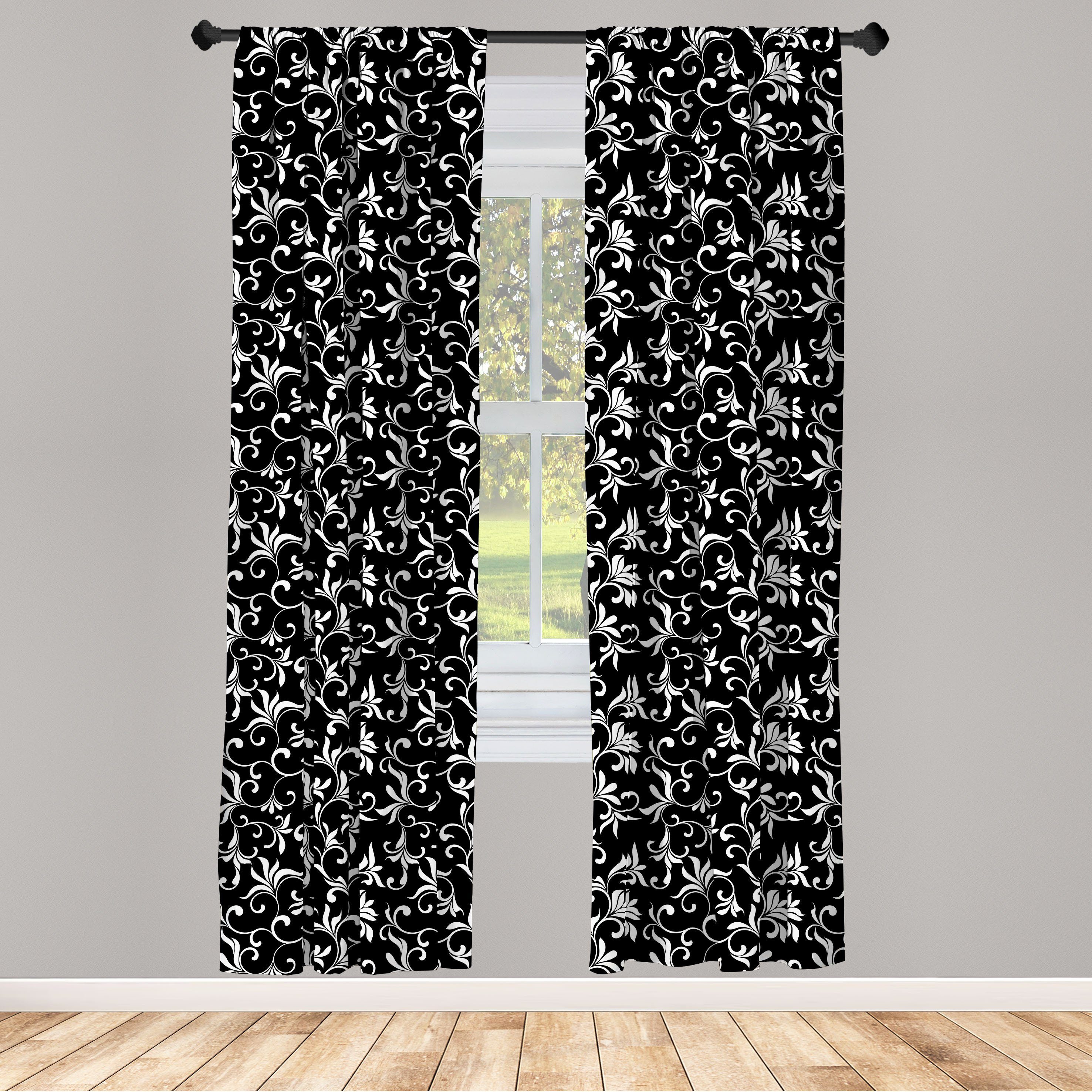 Gardine Vorhang für Wohnzimmer Schlafzimmer Dekor, Abakuhaus, Microfaser, Schwarz und weiß Wirbelt Blätter Laub