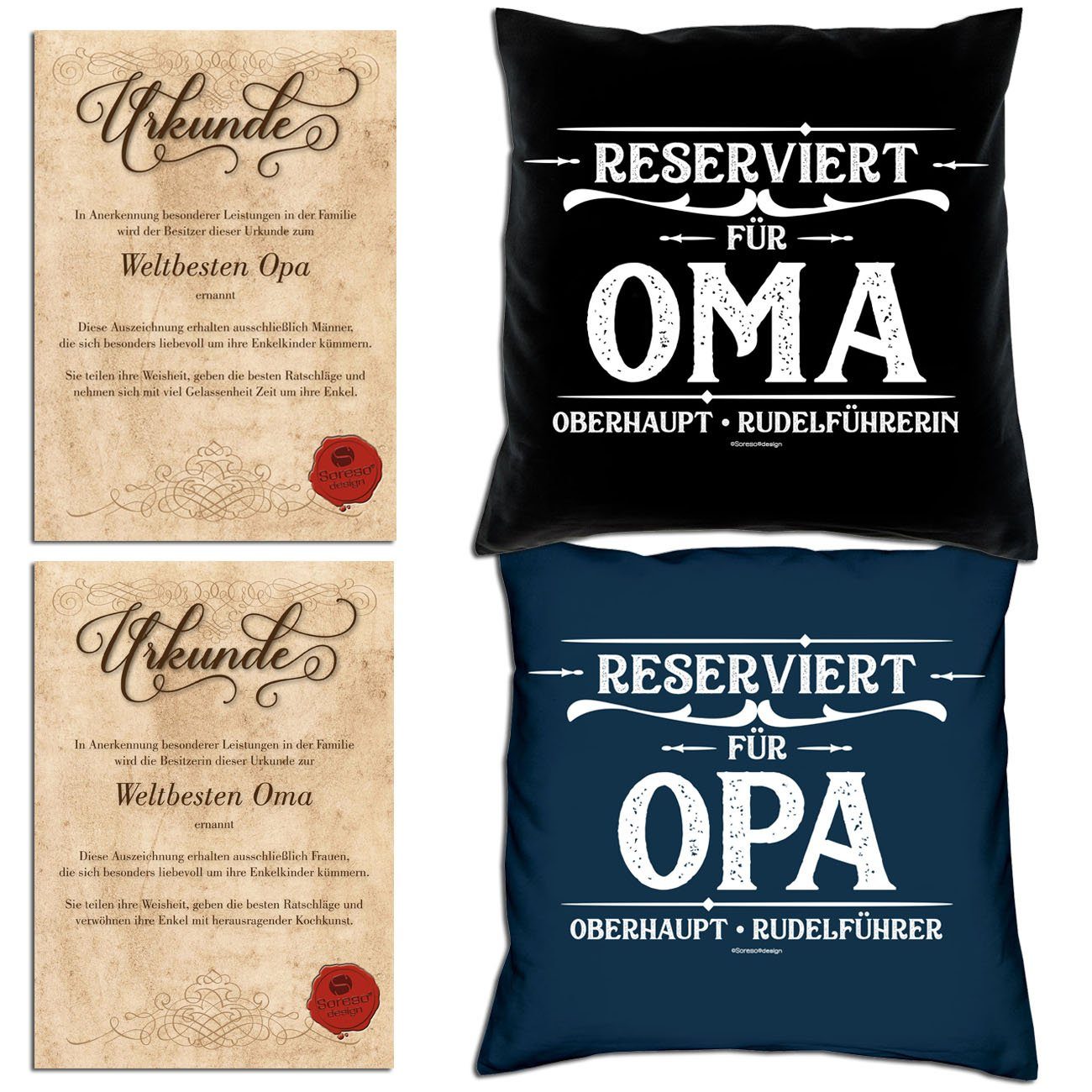 Soreso® Dekokissen Kissen-Set Reserviert für Opa Reserviert für Oma mit Urkunden, Geschenk Oma & Opa Geschenke Mitbringsel schwarz