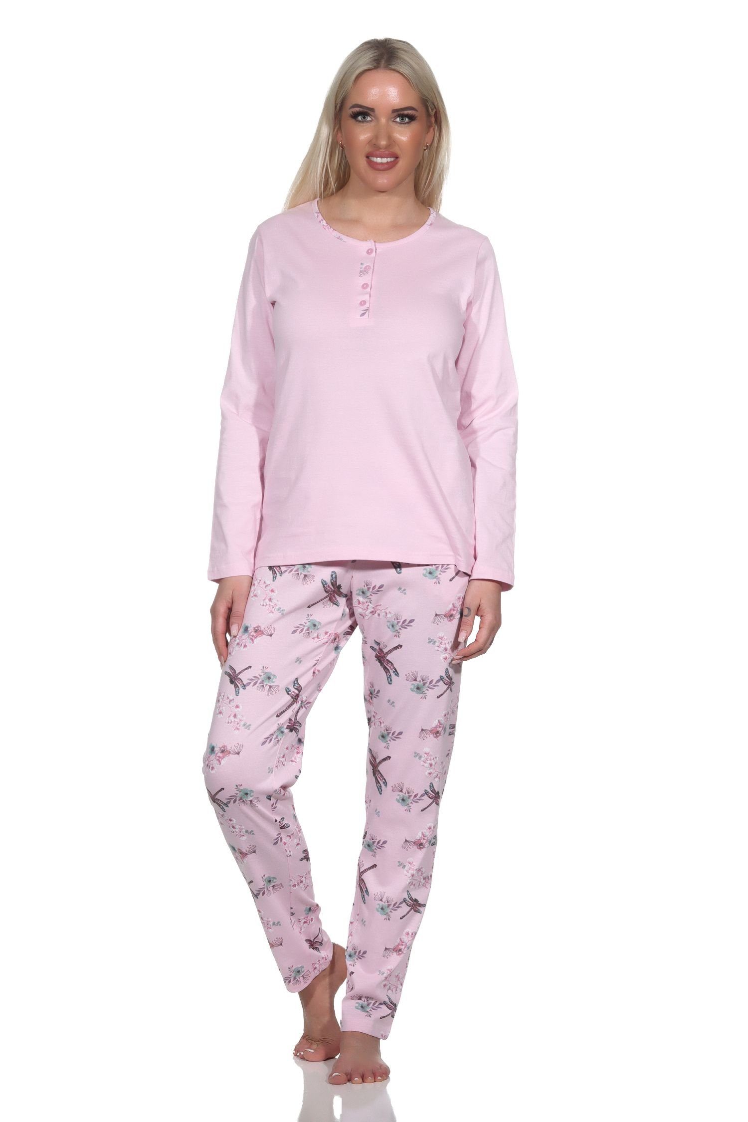 Normann Pyjama Damen Schlafanzug langarm Pyjama mit Pyjamahose in floralem Print rosa