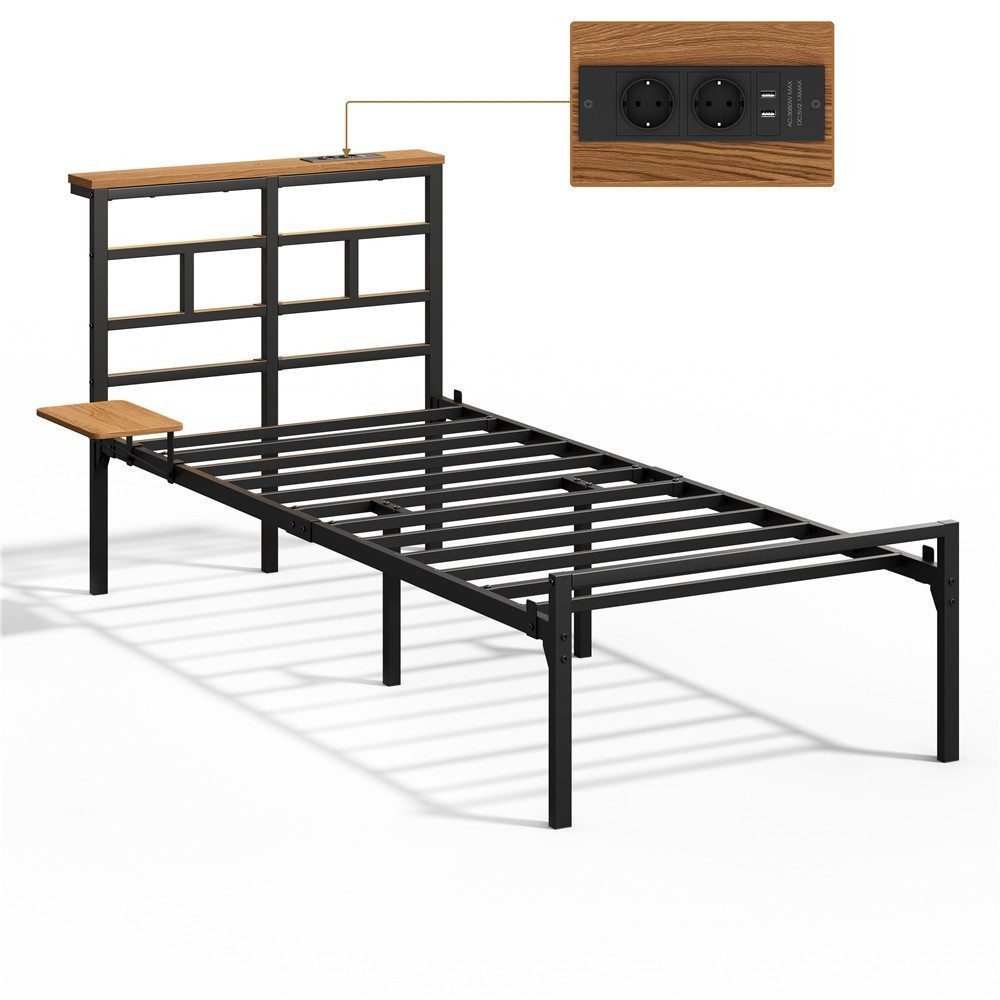 Yaheetech Bettgestell mit LED-Beleuchtung & Ladestation & Seitlicher Ablage, Einzelbett 90 × 200 cm Metallbett mit Stauraum unter dem Bett