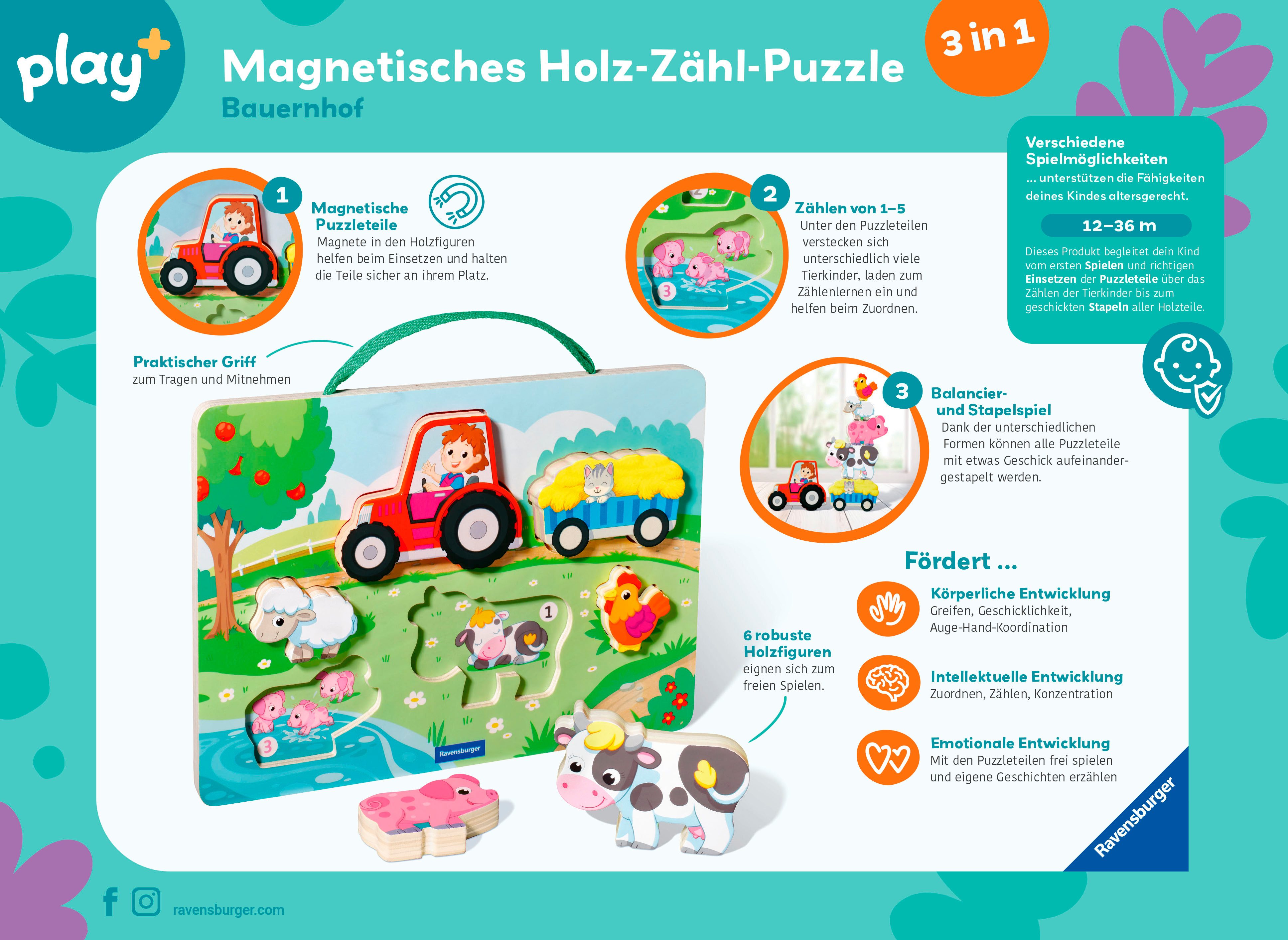 Ravensburger Puzzle Play+ Magnetisches Holz-Zähl-Puzzl Bauernhof, 6 Puzzlet günstig online kaufen