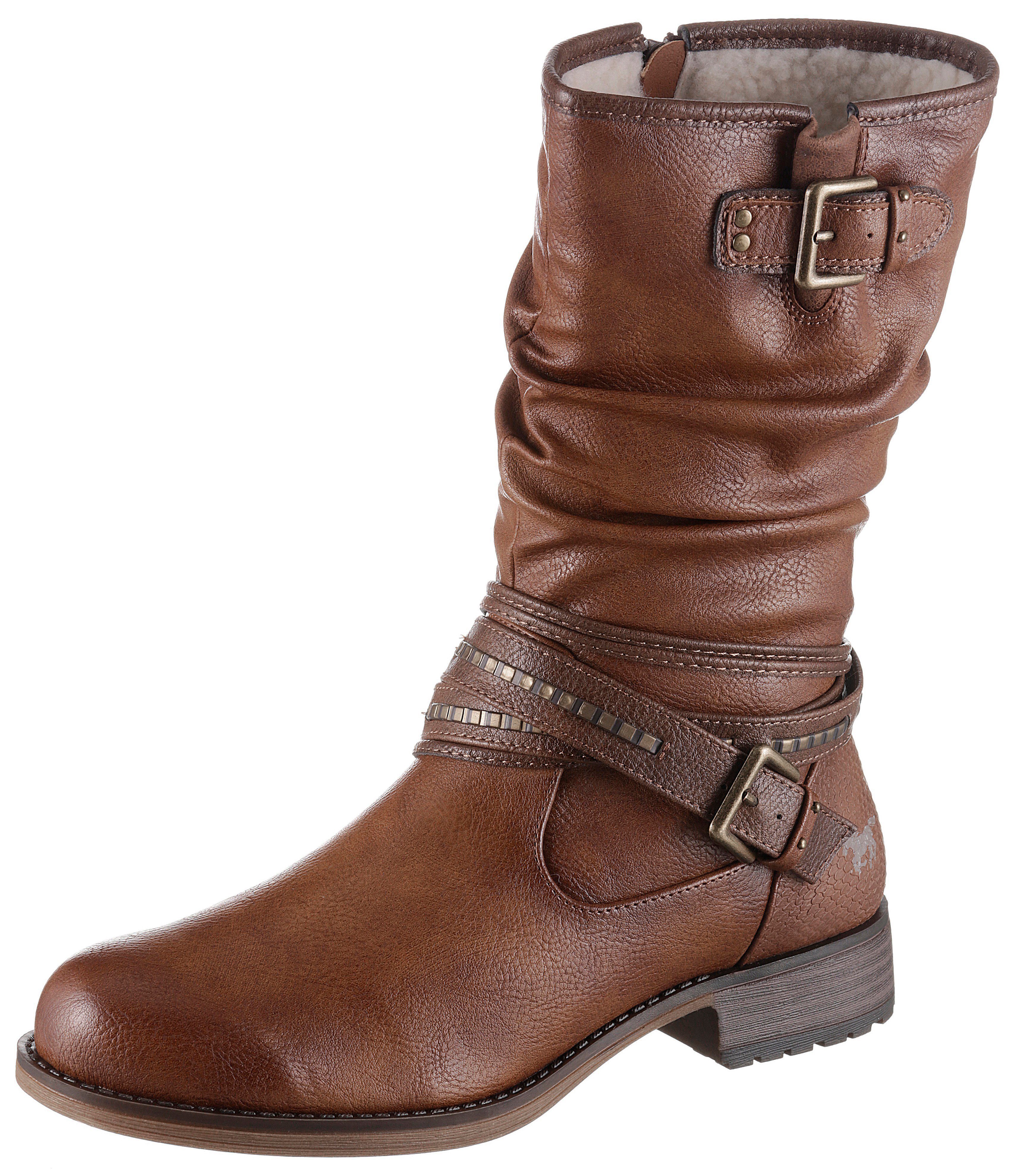 Mustang Shoes Winterstiefel mit Zierschnallen am slouchy Schaft cognac-used | Stiefel