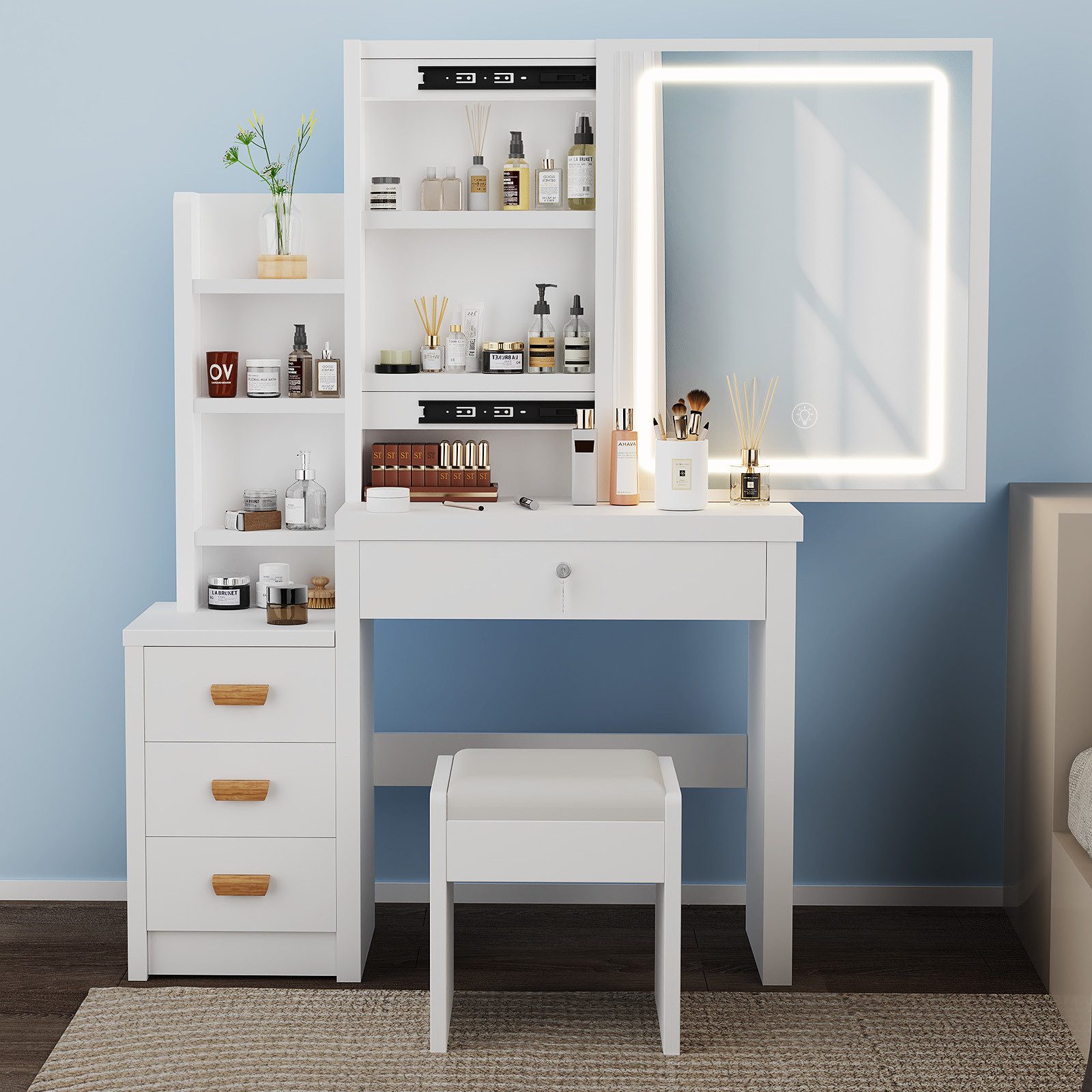 oyajia Schminktisch LED-Beleuchtung,mit Spiegel Hocker und 4 Schubladen Kos günstig online kaufen