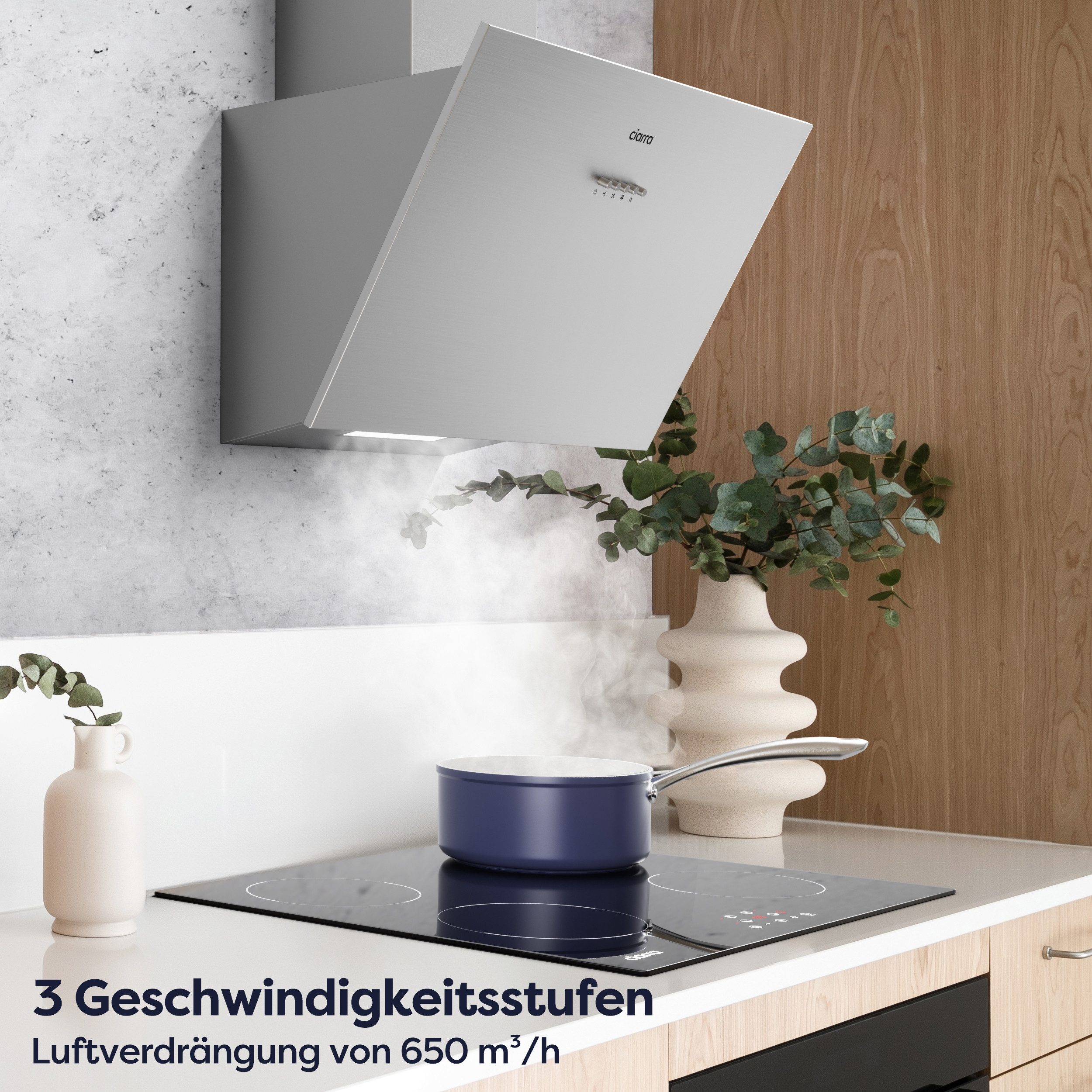 CIARRA Kopffreihaube 60 cm Dunstabzugshaube A+++ 650 m³/h starke Saugleistung VM6762AS 60 cm Dunstabzugshaube A+++ 650 m³/h starke Saugleistung VM6762AS, Leise Schräghaube mit Kohlefilter LED Umluft & Abluft 3 Stufen