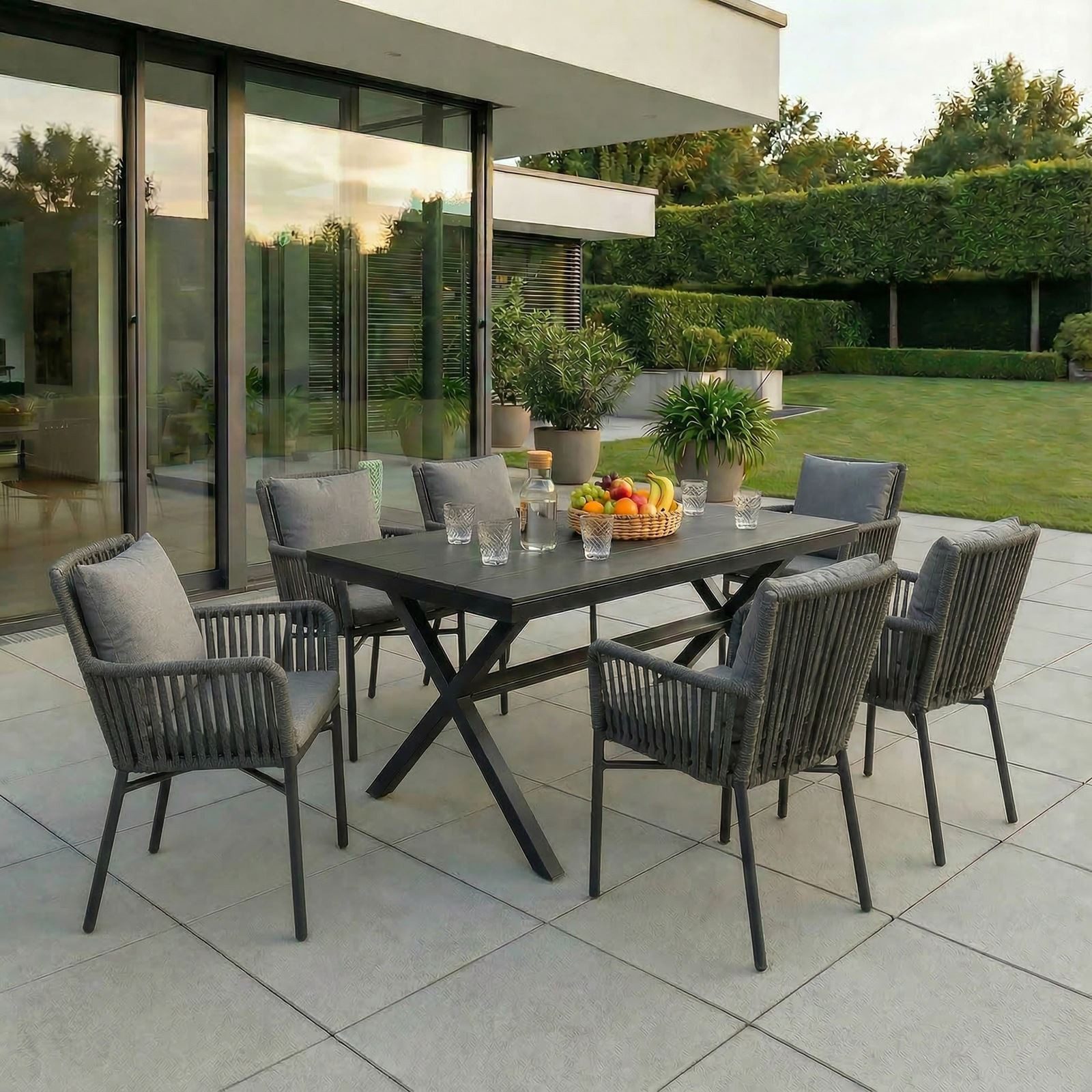 IDIMEX Garten-Essgruppe AFUERA, Gartenmöbel Set, 6 Personen wetterfest aus Alu und Rope schwarz/grau