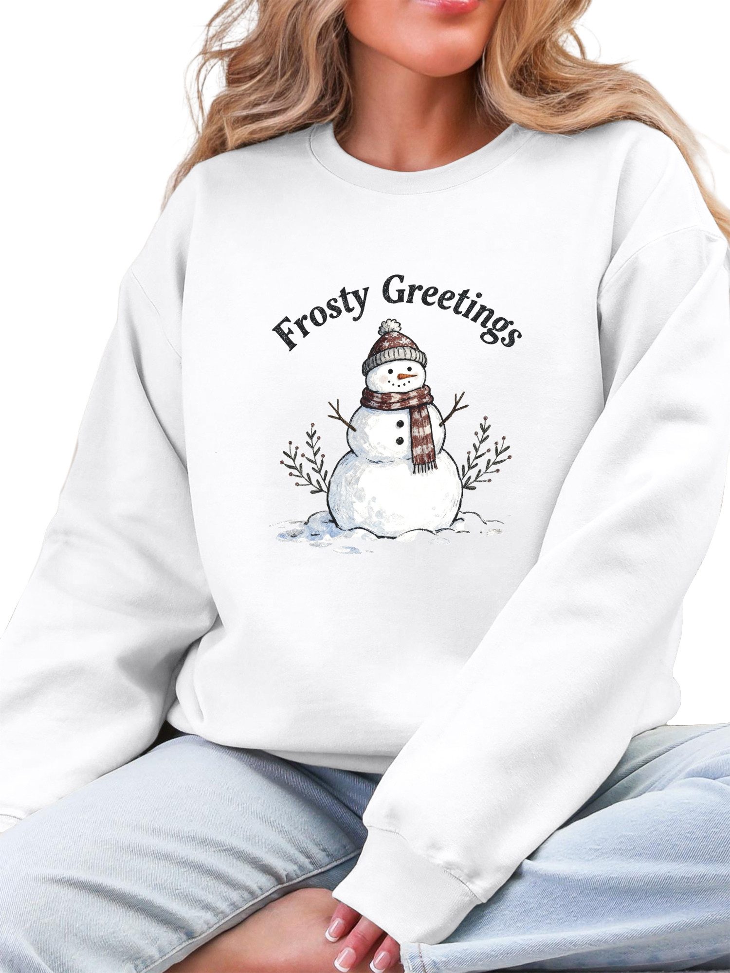 Rundhalspullover Damen Fleecepullover Oversized Sweatshirt mit Schneemann Print