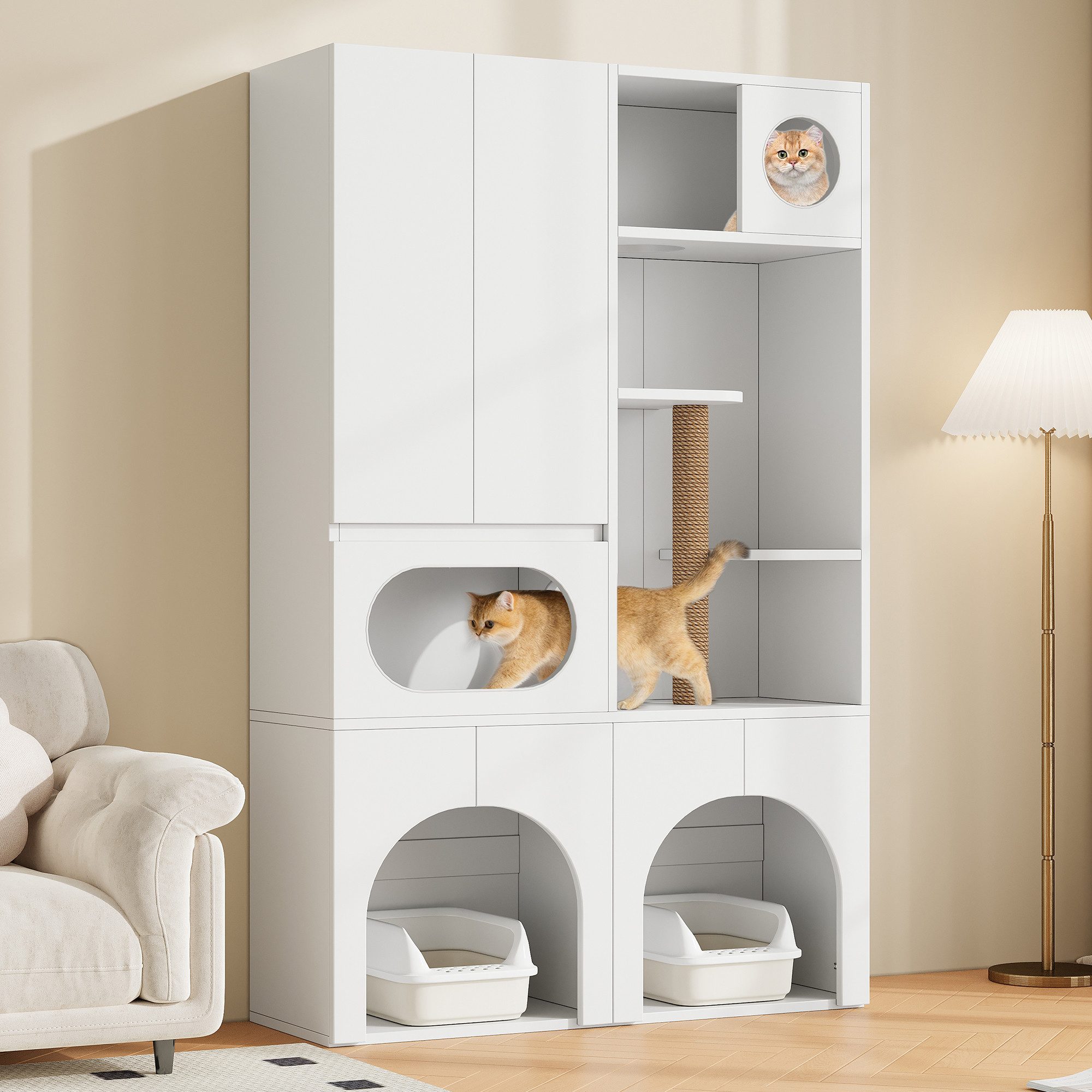 BlingBin Tierhaus Katzentoilettenschrank Haustierschrank, mit Kratzsäule und Ruhebereich, für 2 Katzentoiletten,140x45x195cm