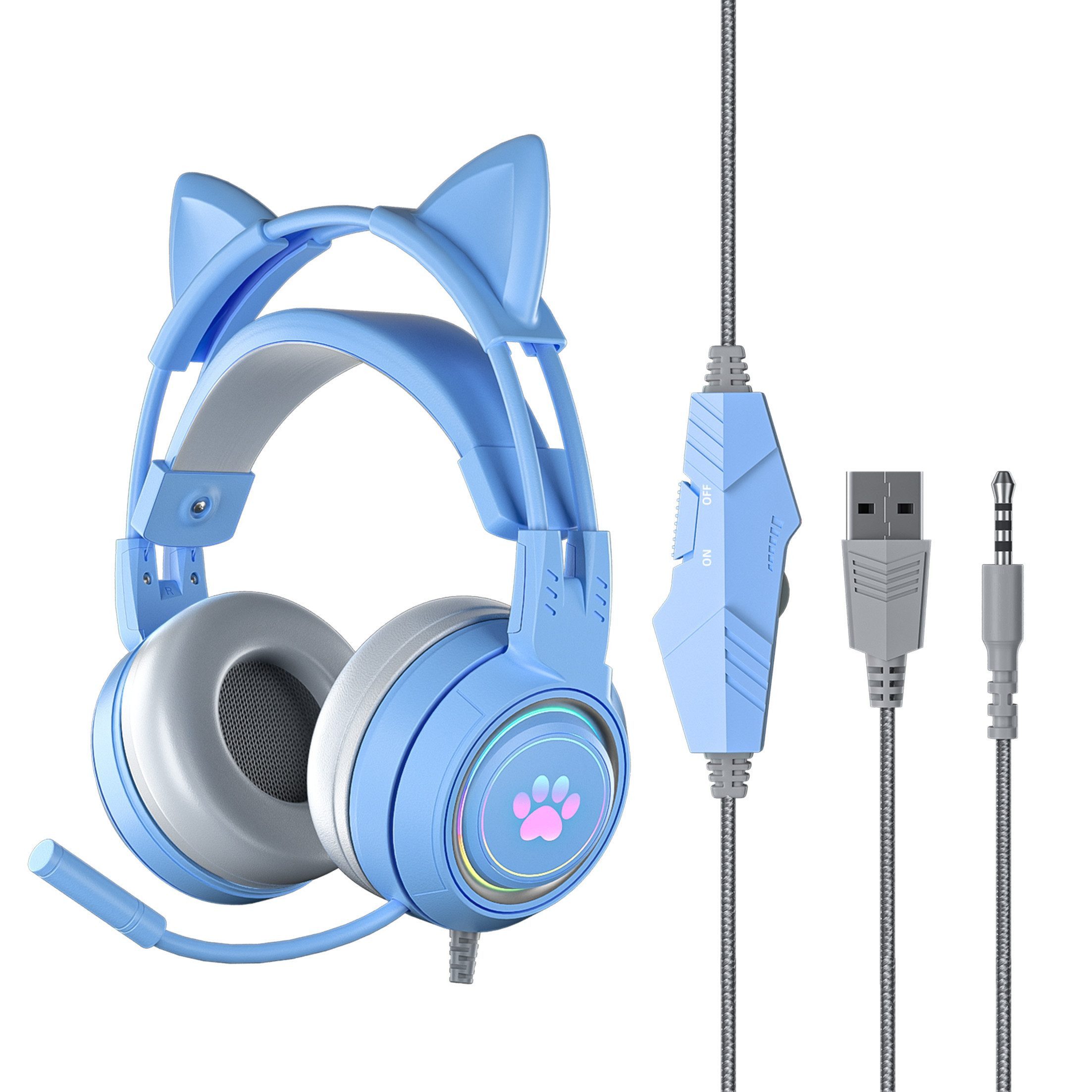 MOPUEA Gaming Headset mit Katzenohren & Mikrofon RGB Licht 3D Surround Sound Gaming-Headset (360° Mikrofon RGB Licht und weicher Komfort Kopfbügel)