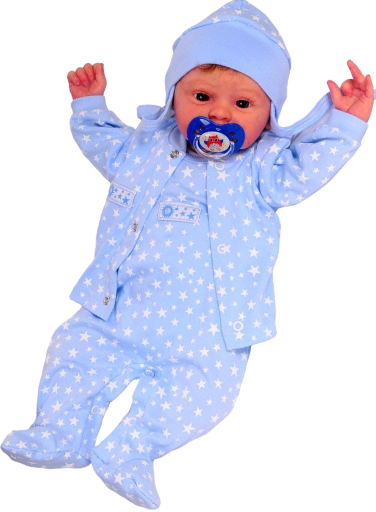 La Bortini Strampler, Jäckchen & Mütze Hemdchen Mützechen und Stramplerhose Baby Anzug in Blau mit Sternchen aus reiner Baumwolle, 44 50 56 62 68 74 80