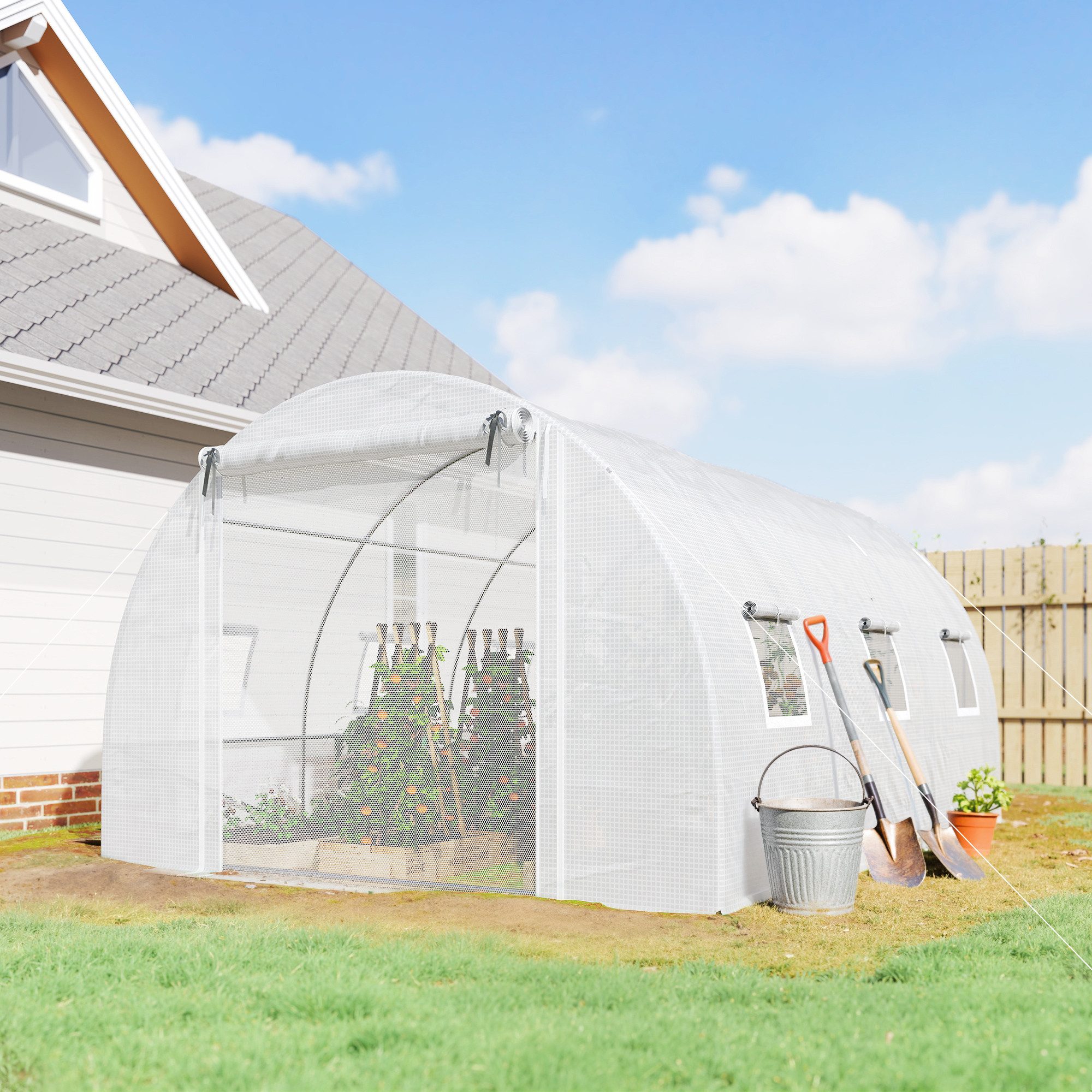 Outsunny Foliengewächshaus mit 6 Aufrollbar Natzfenstern & Tür, Stahlrohr, 140g/m² PE Folie, BxTxH: 396 x 300 x 200 cm, BxLxH: 300 x 396 x 200 cm, 0.5 mm Wandstärke, Winterfest Tomatenhaus 3-St., Gewächshaus, für Garten, Weiß