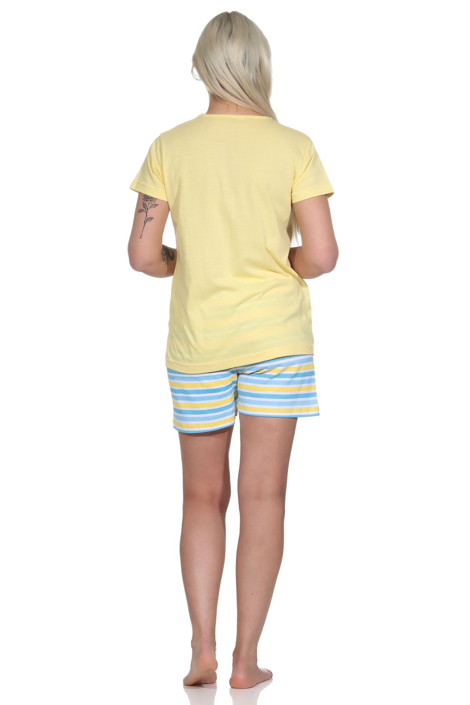 kurzarm Pyjama Front-Print Shorty Normann RELAX und gelb Damen Pyjama Ringel-Optik mit by