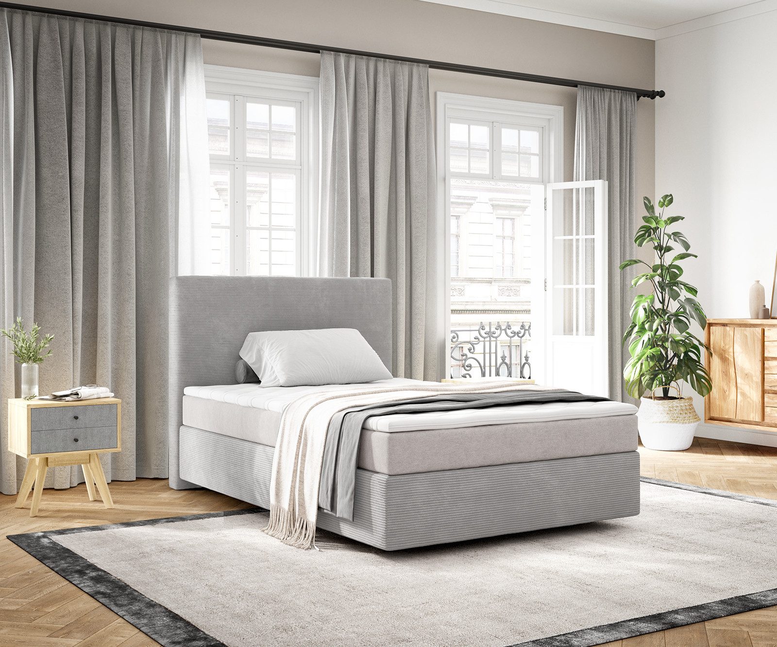 DELIFE Boxspringbett Dream-Well, Cord Silbergrau 120x200 cm mit TFK Matratze u. Topper