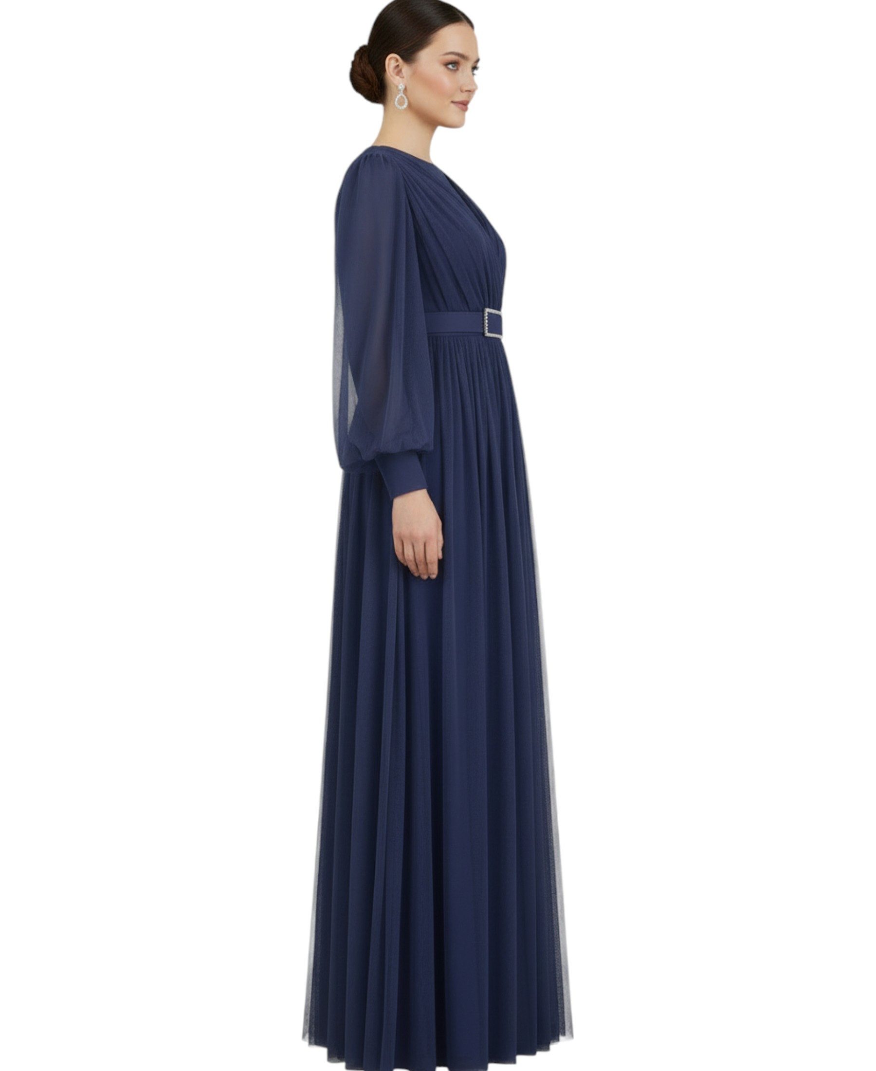 fashionshowcase Abendkleid Damen Maxikleid langarm Tüllkleid elegant mit Gürtel Modest Fashion Fließender Plissee-Rock mit taillierendem Gürtel